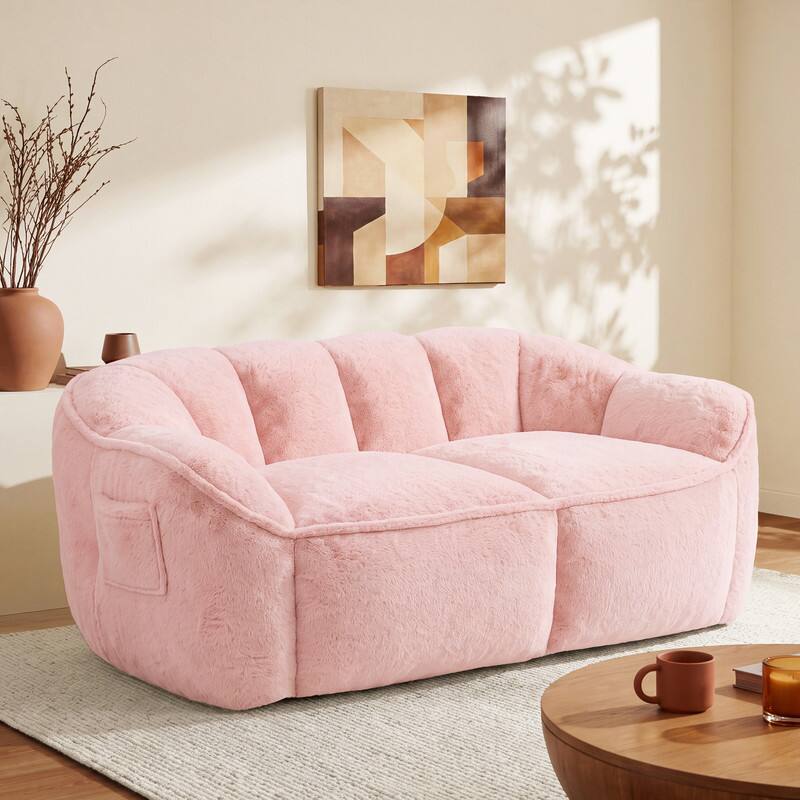 Angle. Vipbear - 65" Faux Fur Bean Bag Couch, 2 Seat Loveseat Sofa, Ultra Soft Floor Sofa with Memory Foam Filled for Living Room/Bedroom - pink.