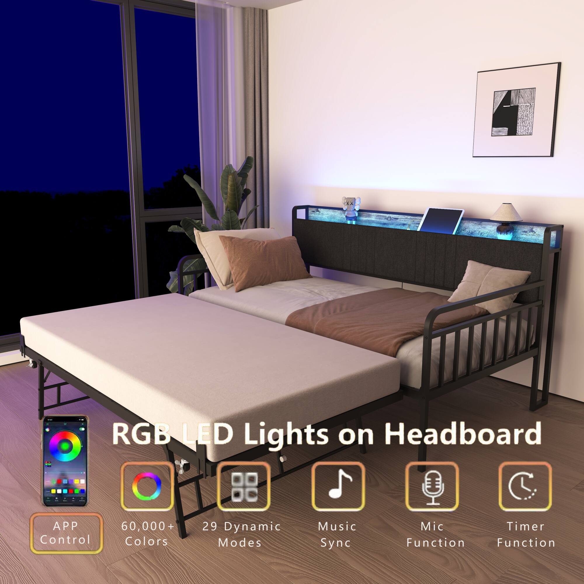 RGB LED Lights on Headboard

- APP Control
- 60,000+ Colors
- 29 Dynamic Modes
- Music Sync
- Mic Function
- Timer Function