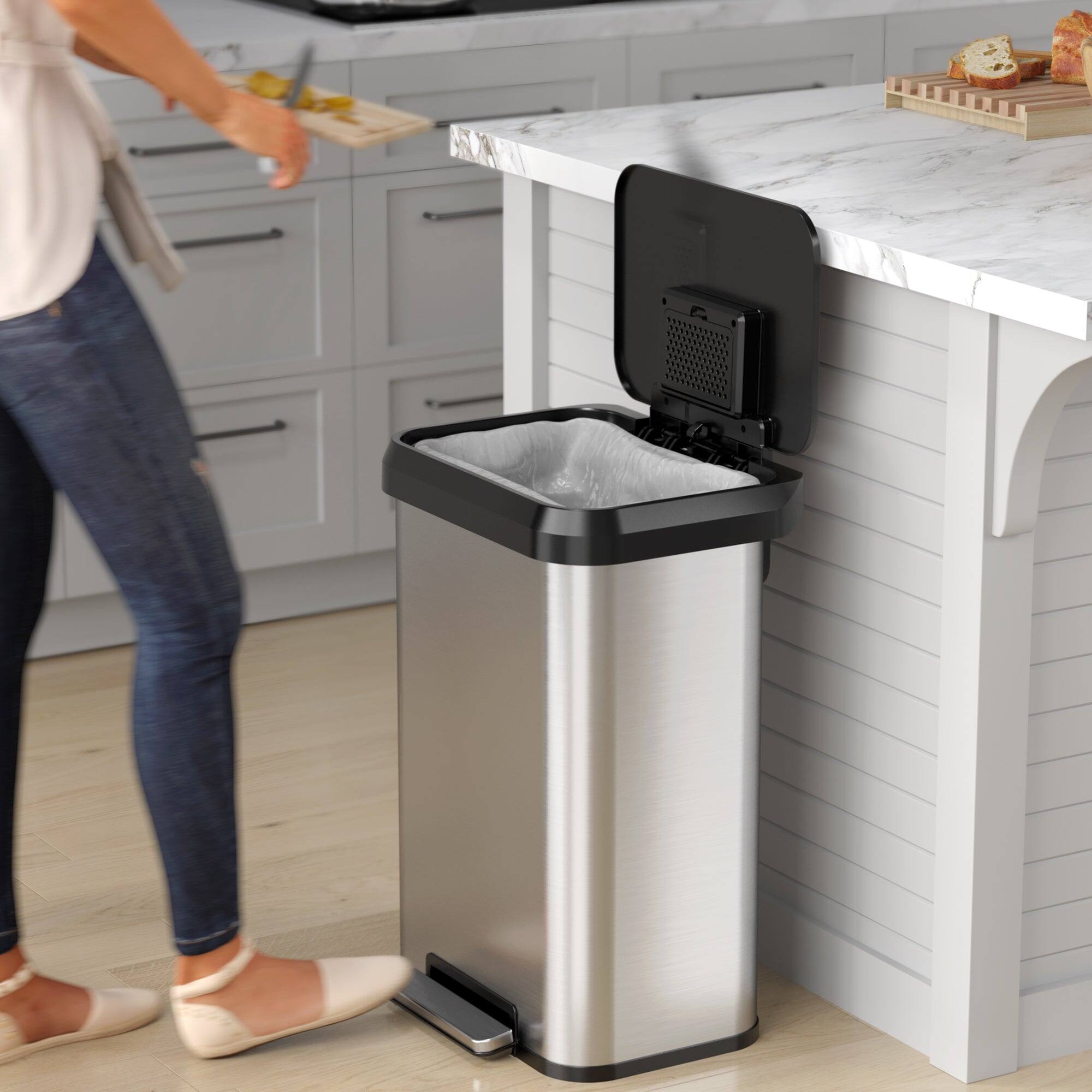 Back. iTouchless - 13.2 Gallon SoftStep EXP Stainless Steel Step Pedal Kitchen Trash Can with AbsorbX Odor Filter - Silver.