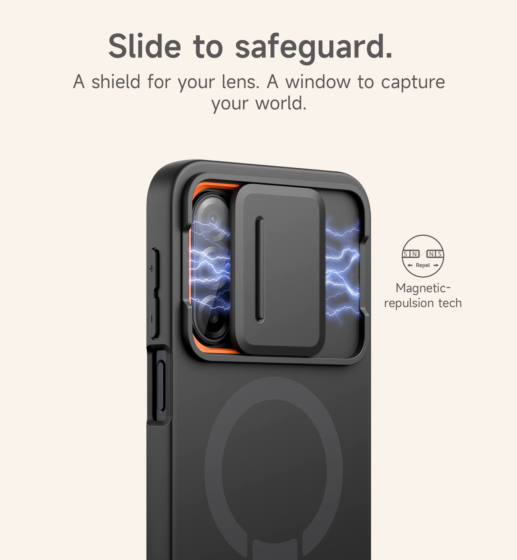 Slide to safeguard.  
A shield for your lens. A window to capture your world.  
SIN NIS  
Repel - Magnetic repulsion tech