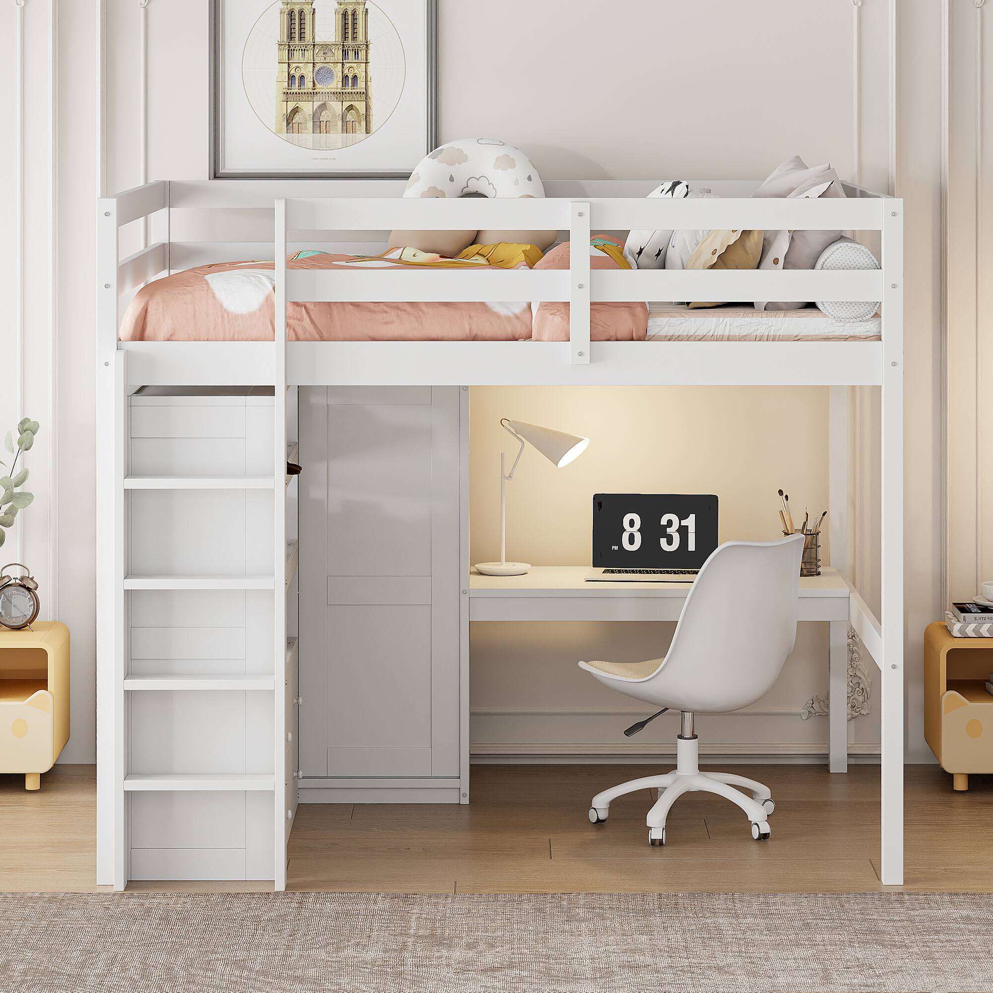 Angle. Whisen - Full Size Wood Loft Bed with Built-in Wardrobe, Desk, Storage Shelves and Drawers - White.
