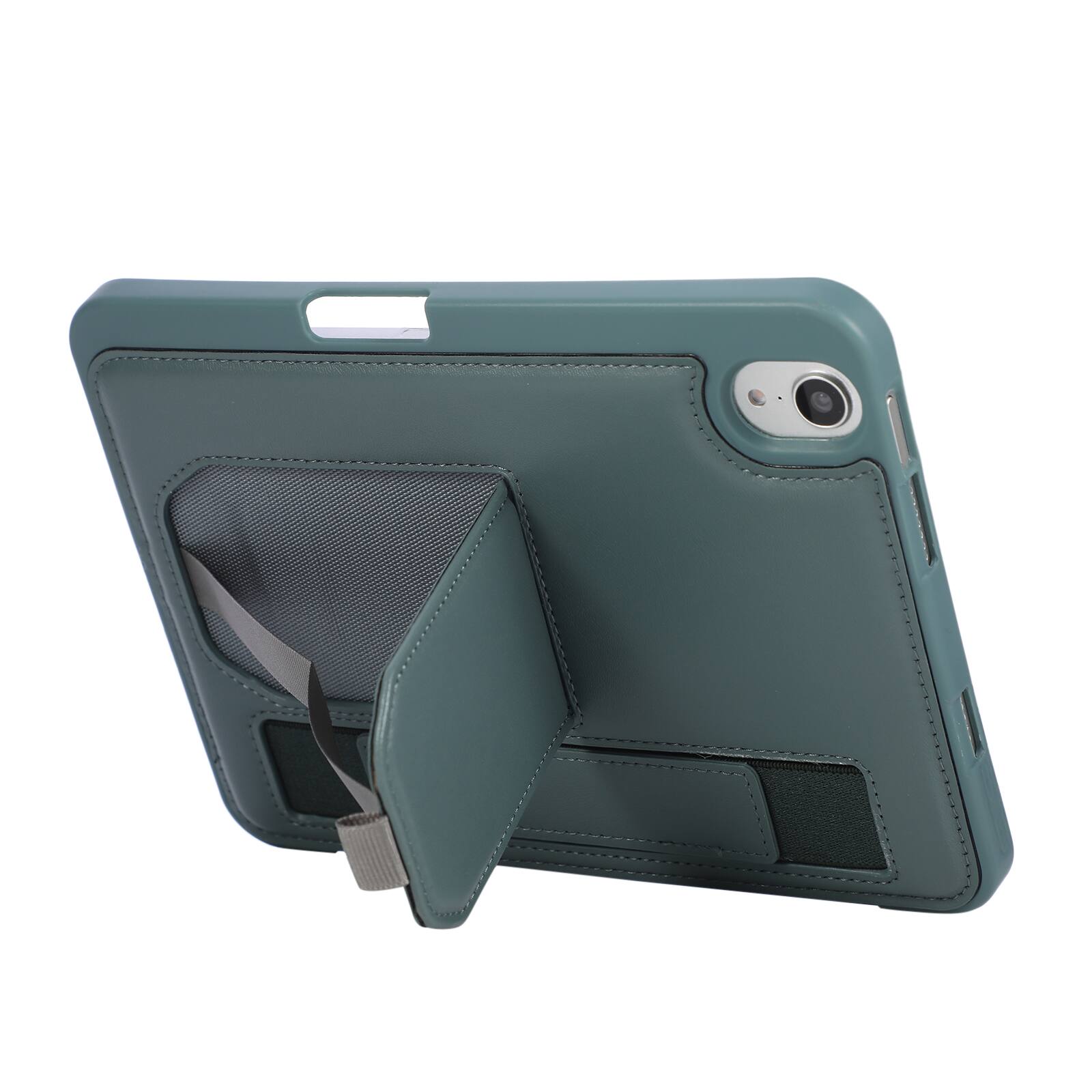 Back. Dteck - Shockproof Case for Apple iPad mini (A17 Pro) 2024 with Hand Strap and Foldable Stand, PU Leather TPU Protective Cover - Darkgreen.
