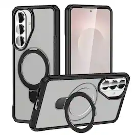 Dteck - Case For Samsung Galaxy S26 FE Slim Magnetic Shockproof Rugged Cover With Adjustable Ring Stand, Mag Safe Compatible - Black Clear