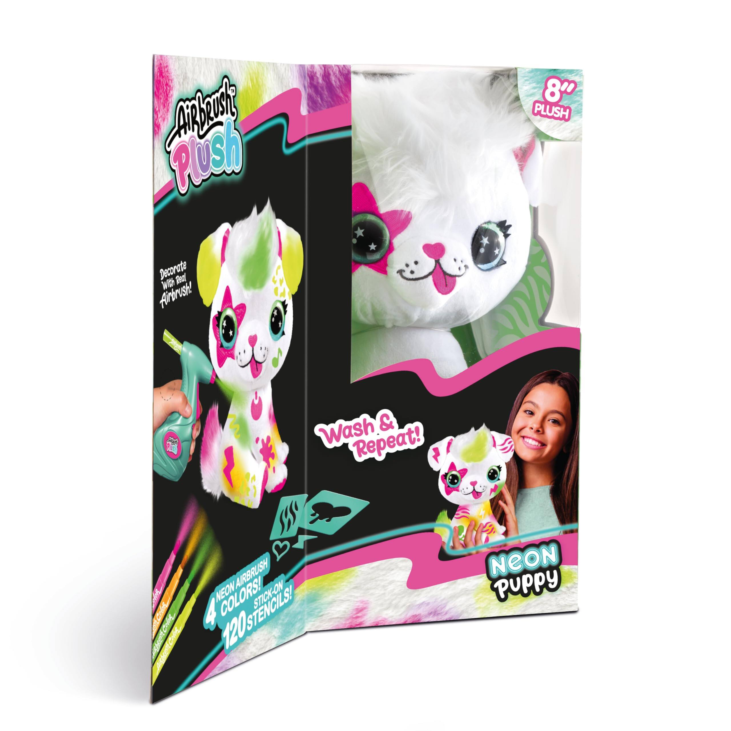 Airbrush Plush  
8" PLUSH  
Decorate with Real Airbrush!  
Wash & Repeat!  
4 NEON COLORS!  
120 STENCILS!  
NEON PUPPY