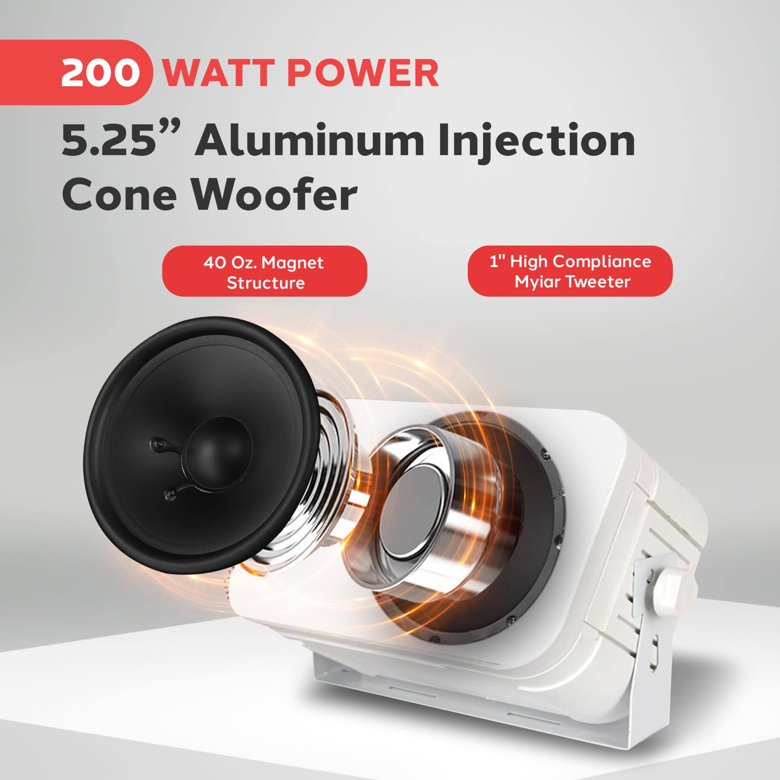 200 Watt Power 5.25" Aluminum Injection Cone Woofer, 40 Oz. Magnet Structure, 1" High Compliance Mylar Tweeter.