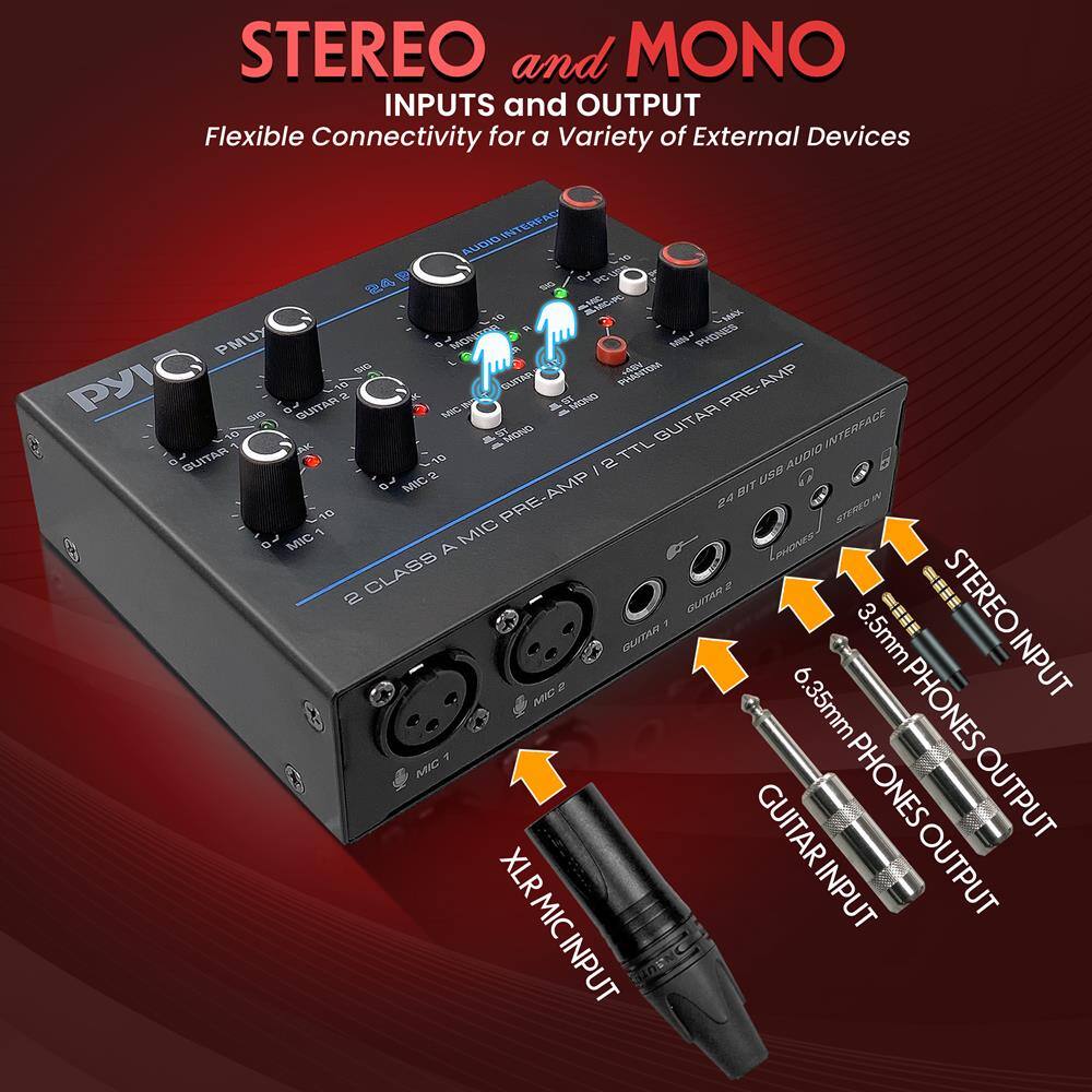 STEREO and MONO INPUTS and OUTPUT  
Flexible Connectivity for a Variety of External Devices  

- STEREO INPUT  
- 3.5mm PHONES OUTPUT  
- 6.35mm PHONES OUTPUT  
- GUITAR INPUT  
- XLR MIC INPUT  
- 2 CLASS A MIC PRE-AMP  
- 24 BIT USB AUDIO INTERFACE