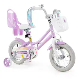 Costway - 12 Inch Kids Bike with Training Wheels Doll Seat Basket Streamers Hand Brake - Purple