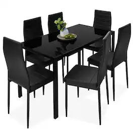 Best Choice Products - 7-Piece Kitchen Dining Table Set w/ Glass Tabletop, 6 Faux Leather Chairs - Black
