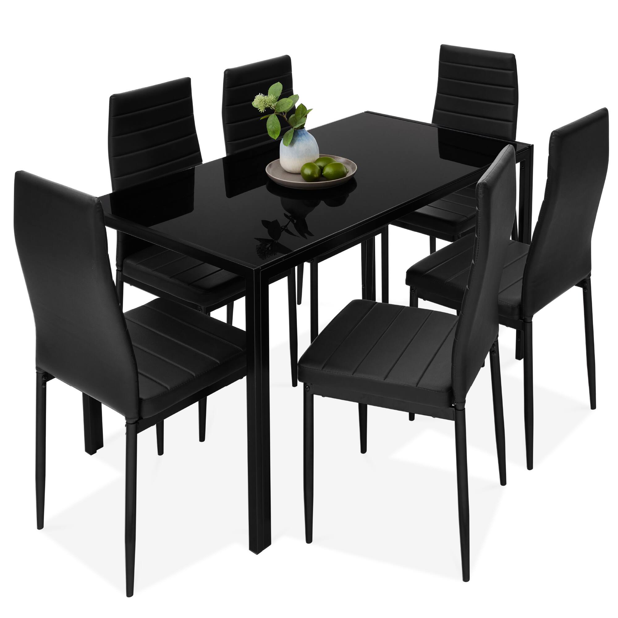 Best Choice Products - 7-Piece Kitchen Dining Table Set w/ Glass Tabletop, 6 Faux Leather Chairs - Black