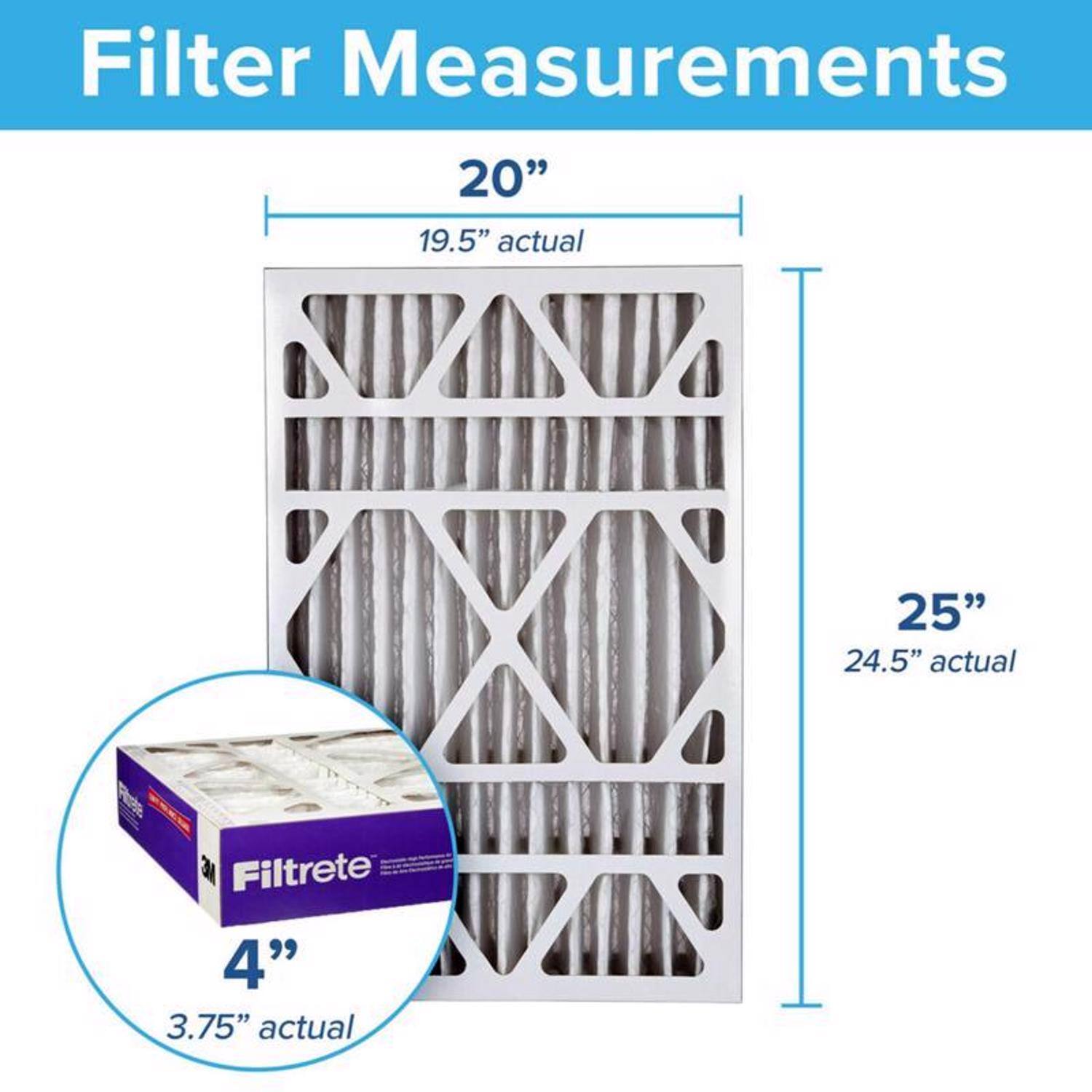 Filter Measurements  
20" 19.5" actual  
25" 24.5" actual  
Filtrete 4" 3.75" actual