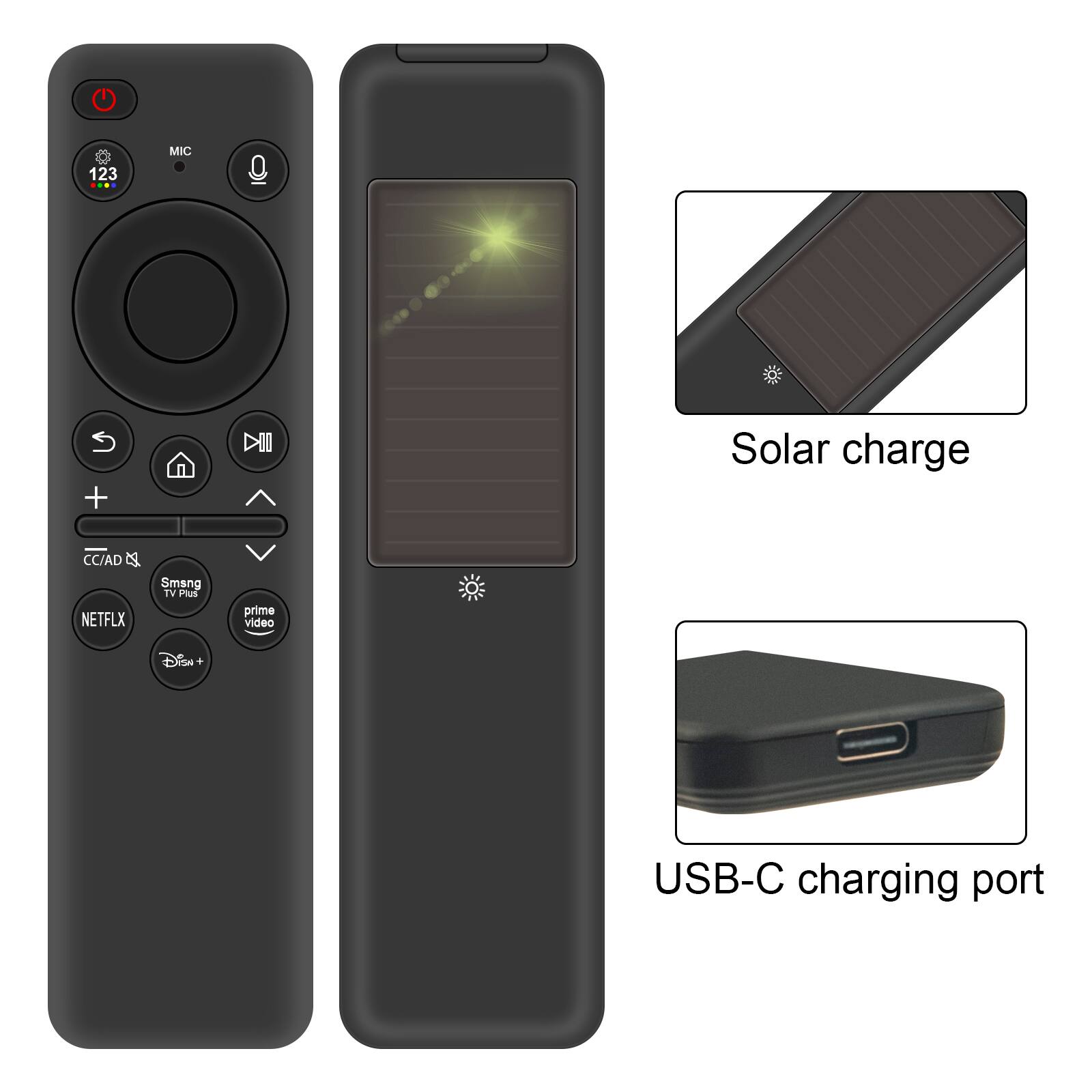 123 MIC + DII Solar charge CC/AD x NETFLIX Smang TV PuE prime video Dis USB-C charging port