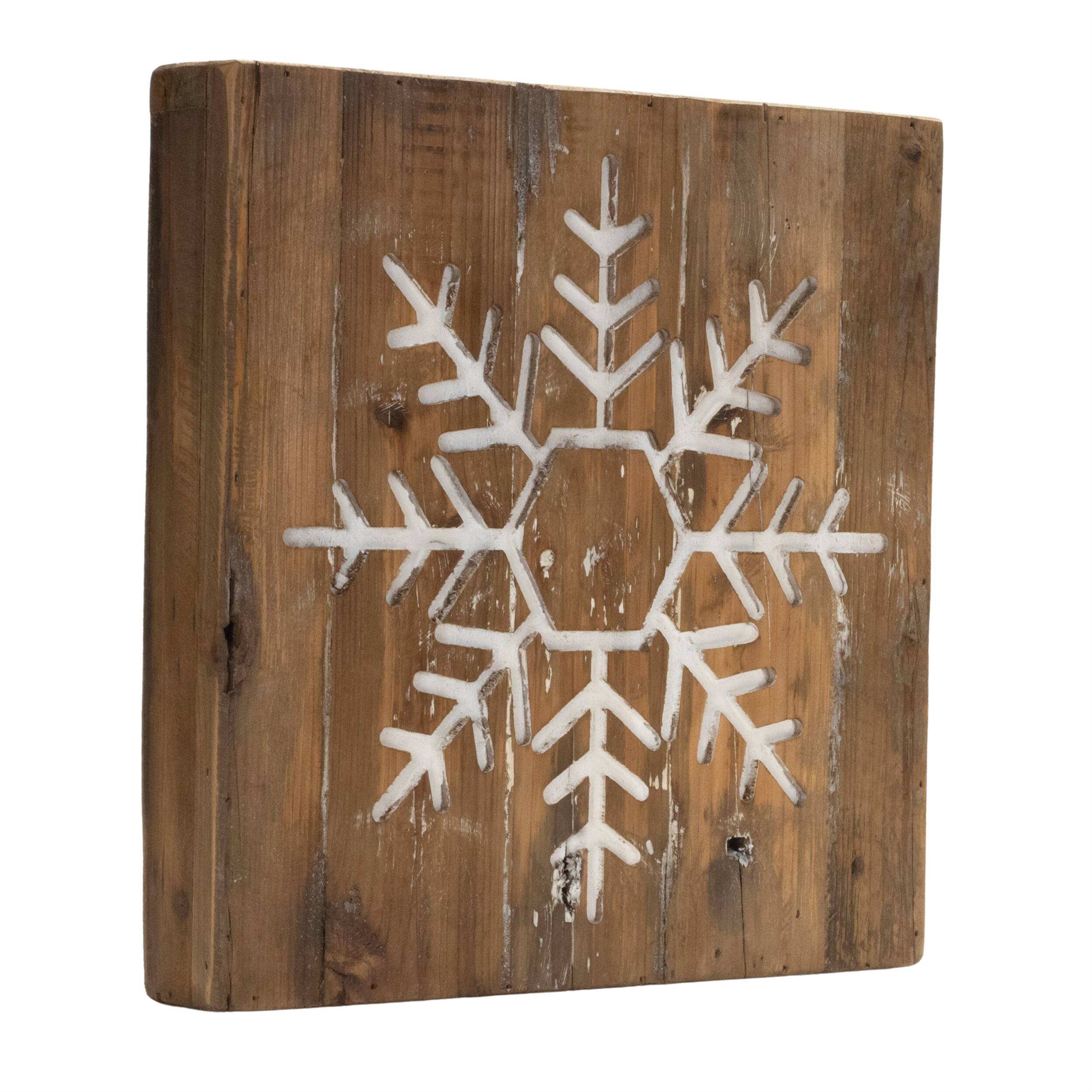 Back. BreeBe - Distressed Wood Snowflake and Tree Block (Set of 2) - Brown, White.