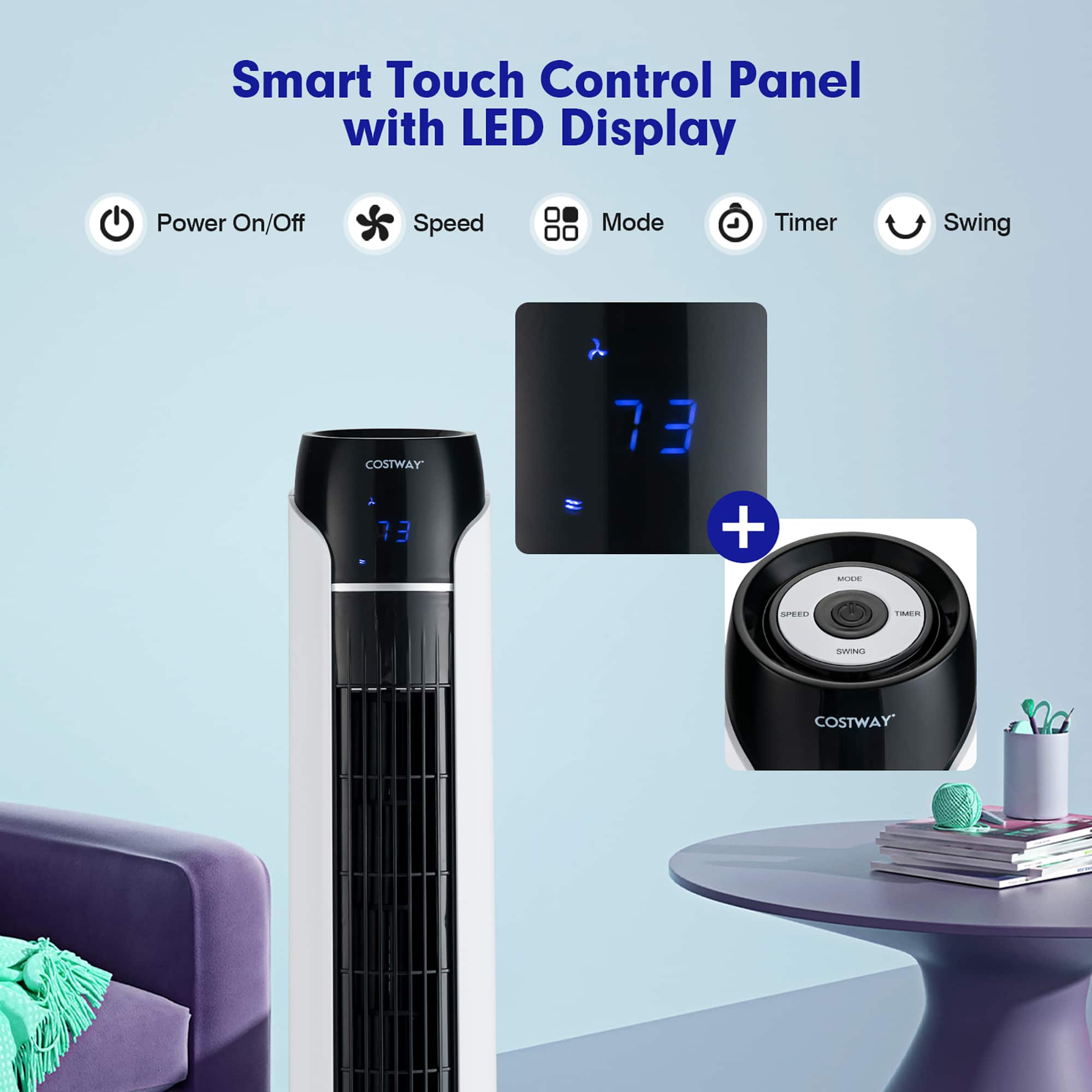 The image features a smart touch control panel with LED display, which includes various functions such as power on/off, speed mode, timer, and swing. The panel is designed by COSTWAY, and the model number is 73. The control panel is placed on a table, and there is a couch in the background.