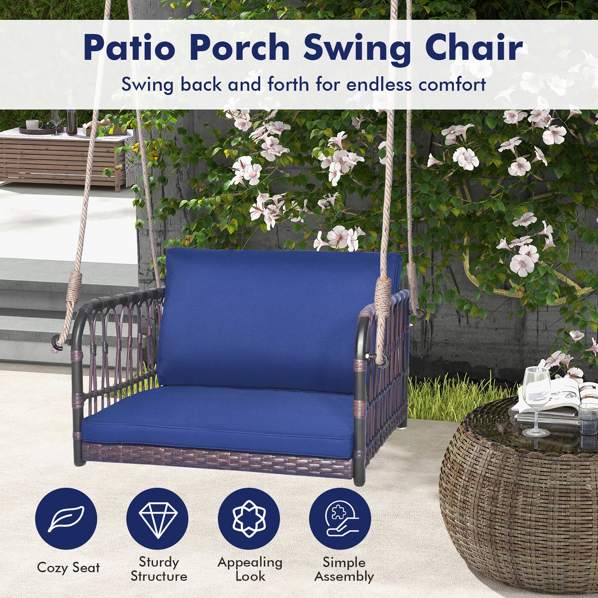 Alt View 4. Gymax - Gymax Patio Rattan Porch Swing Single Person Hanging Seat w/ Seat & Back Cushions Backyard - Mix Brown, Navy.