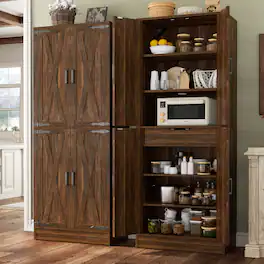Aheaplus - 71'' Tall Farmhouse Pantry Storage Cabinet with 4 Barn Doors and Drawer, Cupboard with Adjustable Shelves - Retro Brown