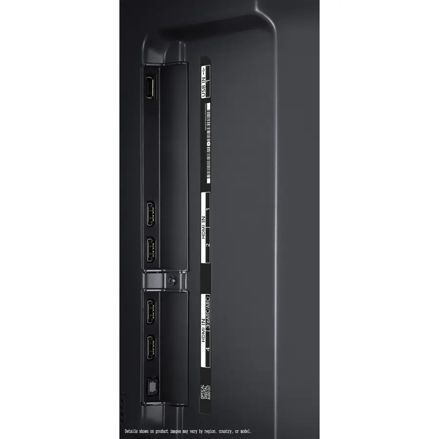 The image features a black electronic device with a row of ports on the back. The device has a total of four ports, including two USB ports and two HDMI ports. The ports are arranged in a row, with the USB ports positioned closer to the top and the HDMI ports located below them. The image also includes a description of the product, which indicates that it is a home entertainment system with a variety of connectivity options.