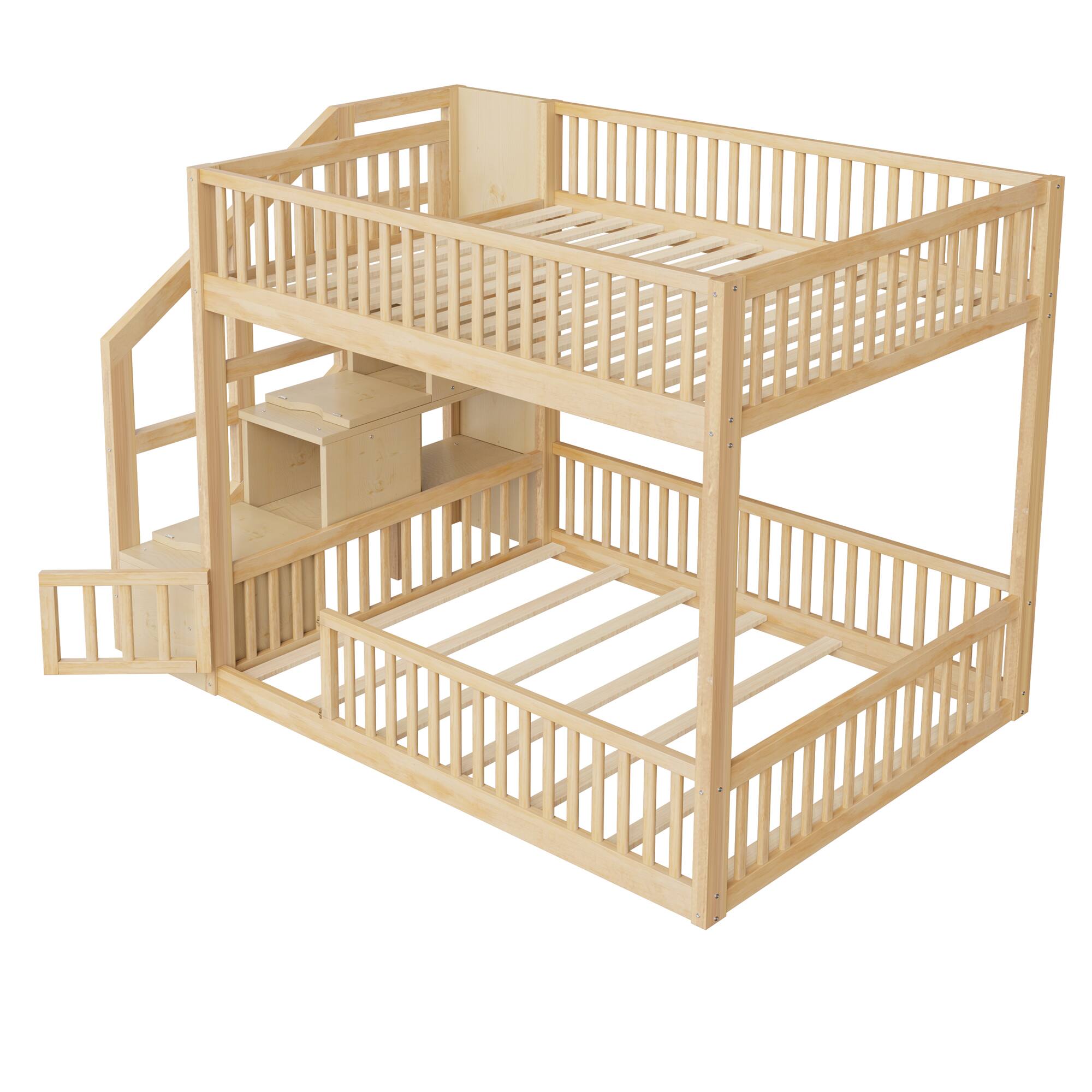 Alt View 2. Whisen - Full over Full Floor Bunk Bed,Low-Profile Bunk Bed with Storage Staircase & Guardrails - Natural.