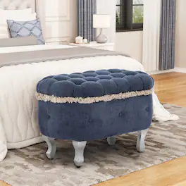 Ropilly - Tufted Storage Bench End of Bed Ottoman with Fringe Entryway Shoe Cabinet Window Seat Fabric Upholstered - Blue