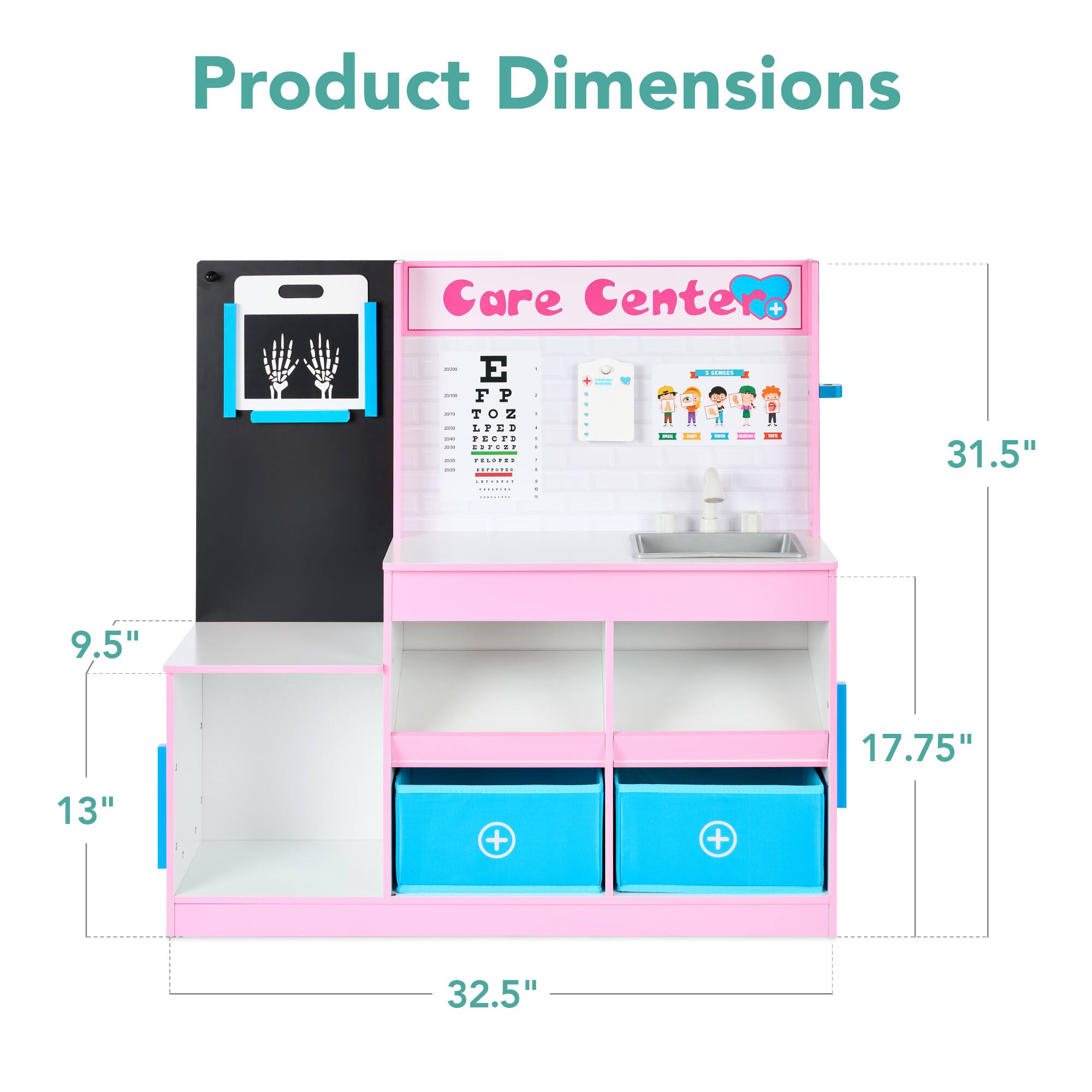 Product Dimensions

Care Center

- Height: 31.5"
- Width: 32.5"
- Depth: 17.75"
- Shelf Height: 9.5"
- Shelf Depth: 13"