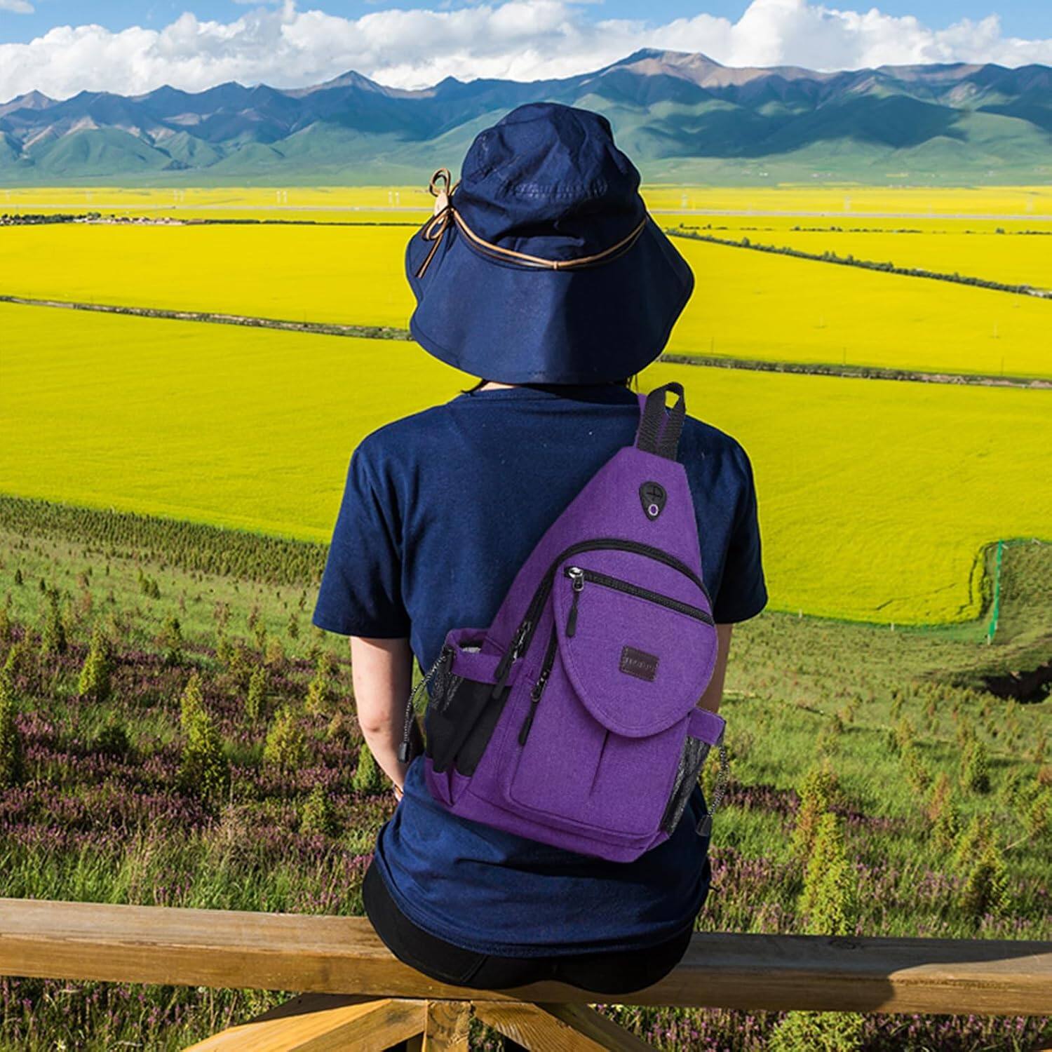 Alt View 3. mosiso - Sling Backpack Canvas Crossbody Hiking Daypack Bag with Anti-theft Pocket - Purple.