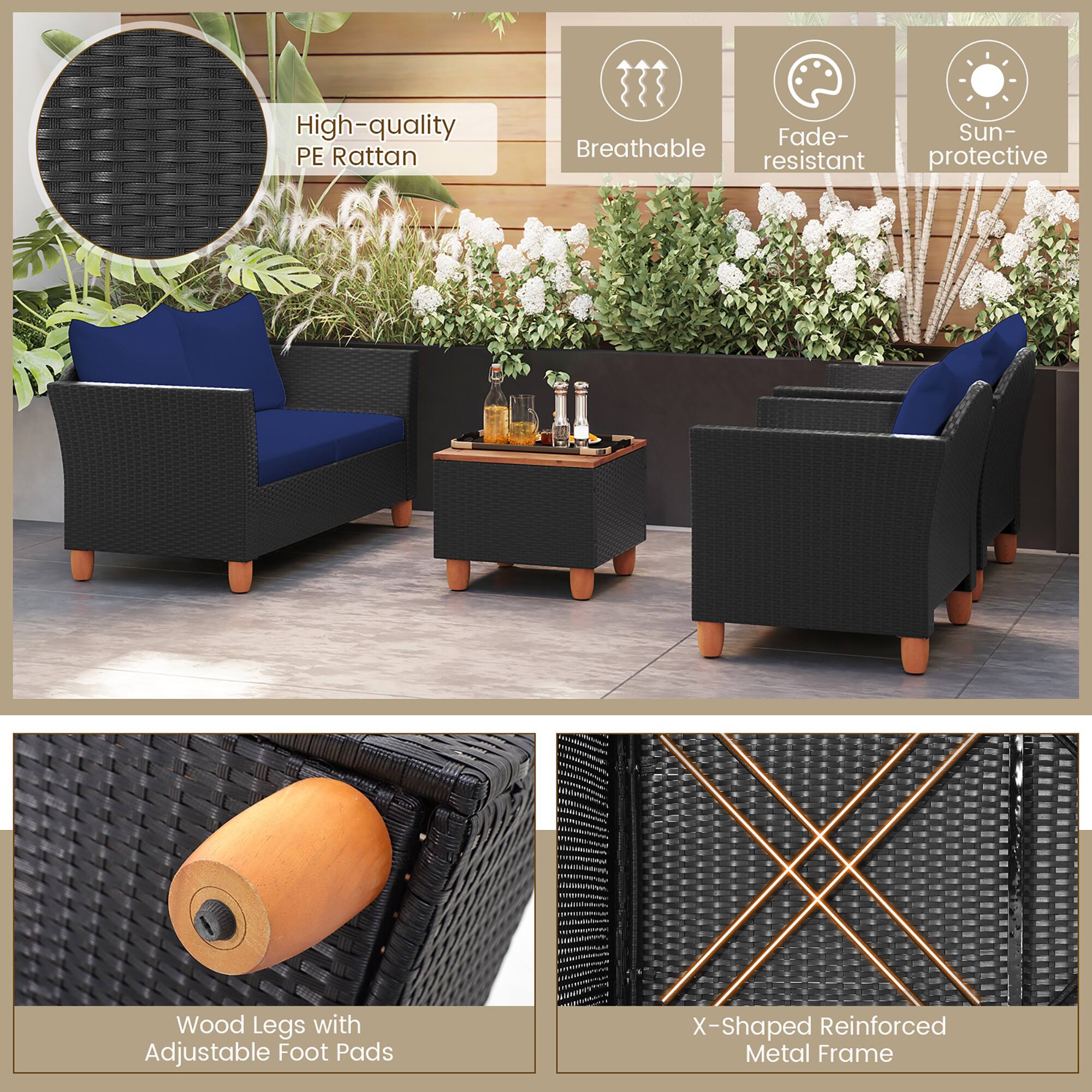 High-quality PE Rattan  
Breathable  
Fade-resistant  
Sun-protective  

Wood Legs with Adjustable Foot Pads  

X-Shaped Reinforced Metal Frame