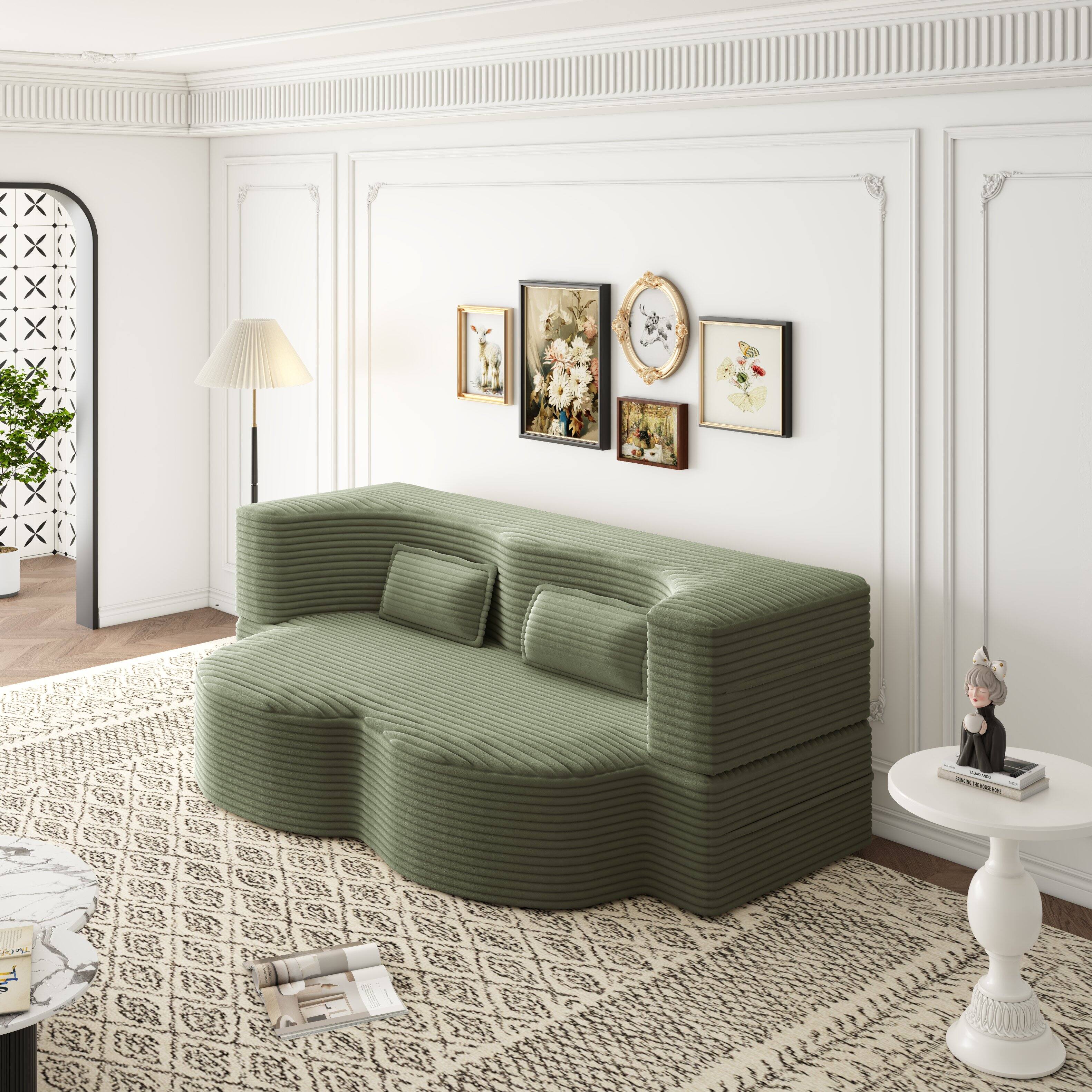Left. Trinkets Crazed - Convertible Sleeper Sofa Bed,15" Thick Full Size Folding Floor Couch, Corduroy Foam-Filled Futon Loveseat Couch - Green.