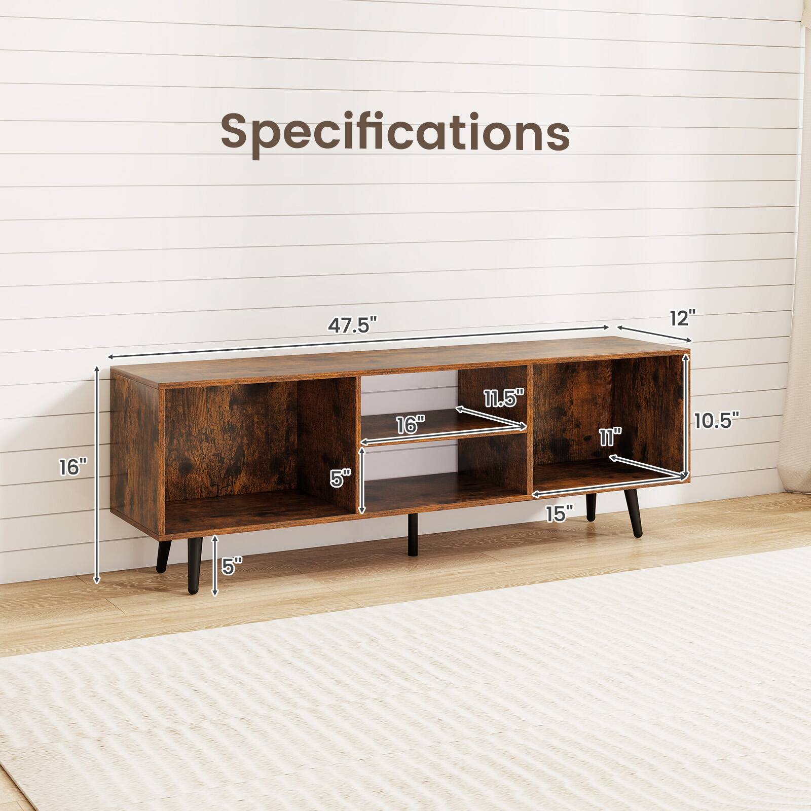 Specifications: 47.5" 12" 16" 5" 16" 11.5" 15" 11" 10.5" 5"