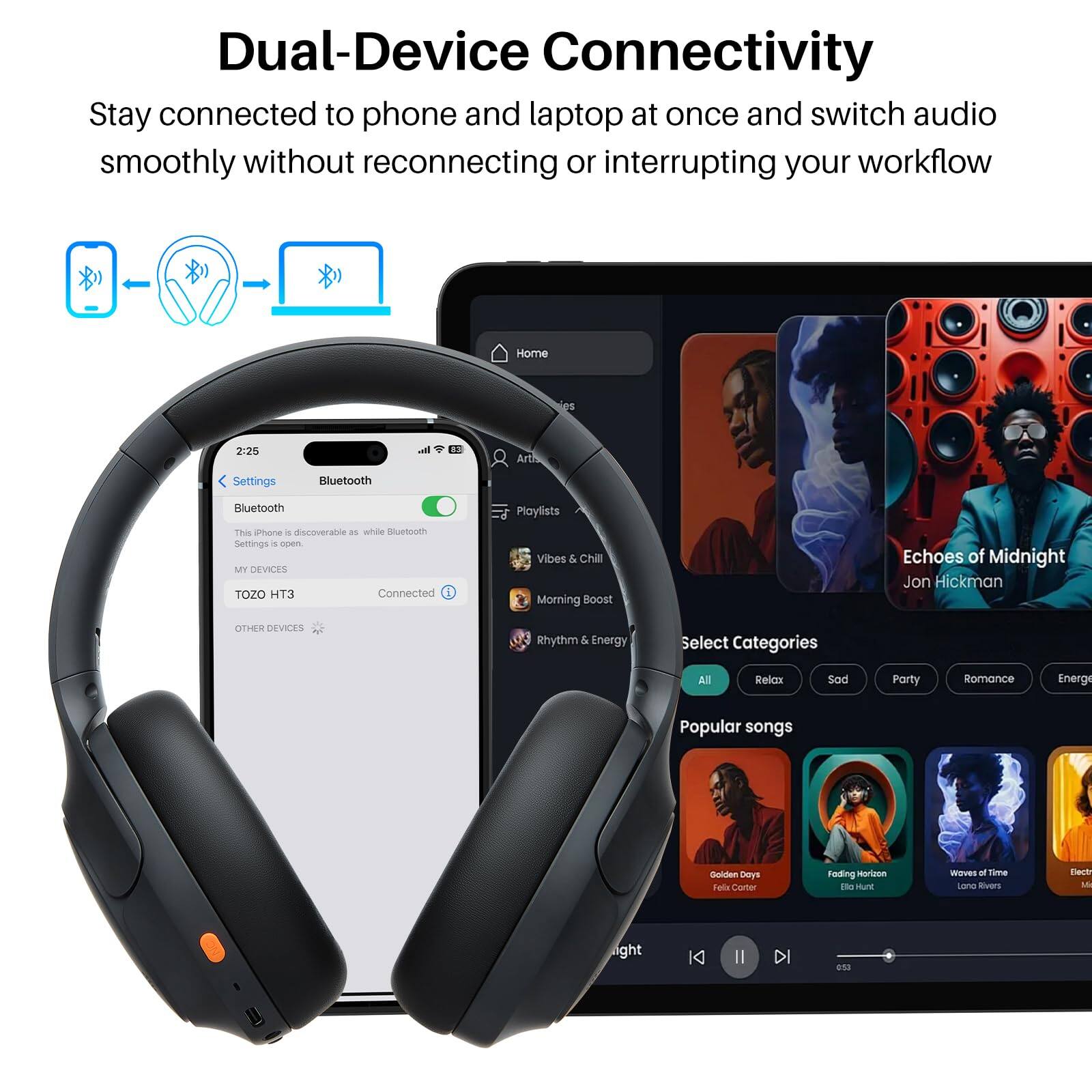 Dual-Device Connectivity  
Stay connected to phone and laptop at once and switch audio smoothly without reconnecting or interrupting your workflow

Bluetooth  
This iPhone is discoverable as while Bluetooth is on  
MY DEVICES  
TOZO HT3  
Connected  

Playlists  
Vibes & Chill  
Morning Boost  
Echoes of Midnight  
Jon Hickman  

Select Categories  
All  
Relax  
Sad  
Party  
Romance  
Energy  

Popular songs  
Golden Days  
Fading Horizon  
Waves of Time  
Electrify  
Light  

0:33