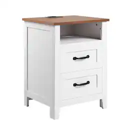 Loheer - Farmhouse Nightstand with Charging Station, Two Drawers and Open Shelf - White