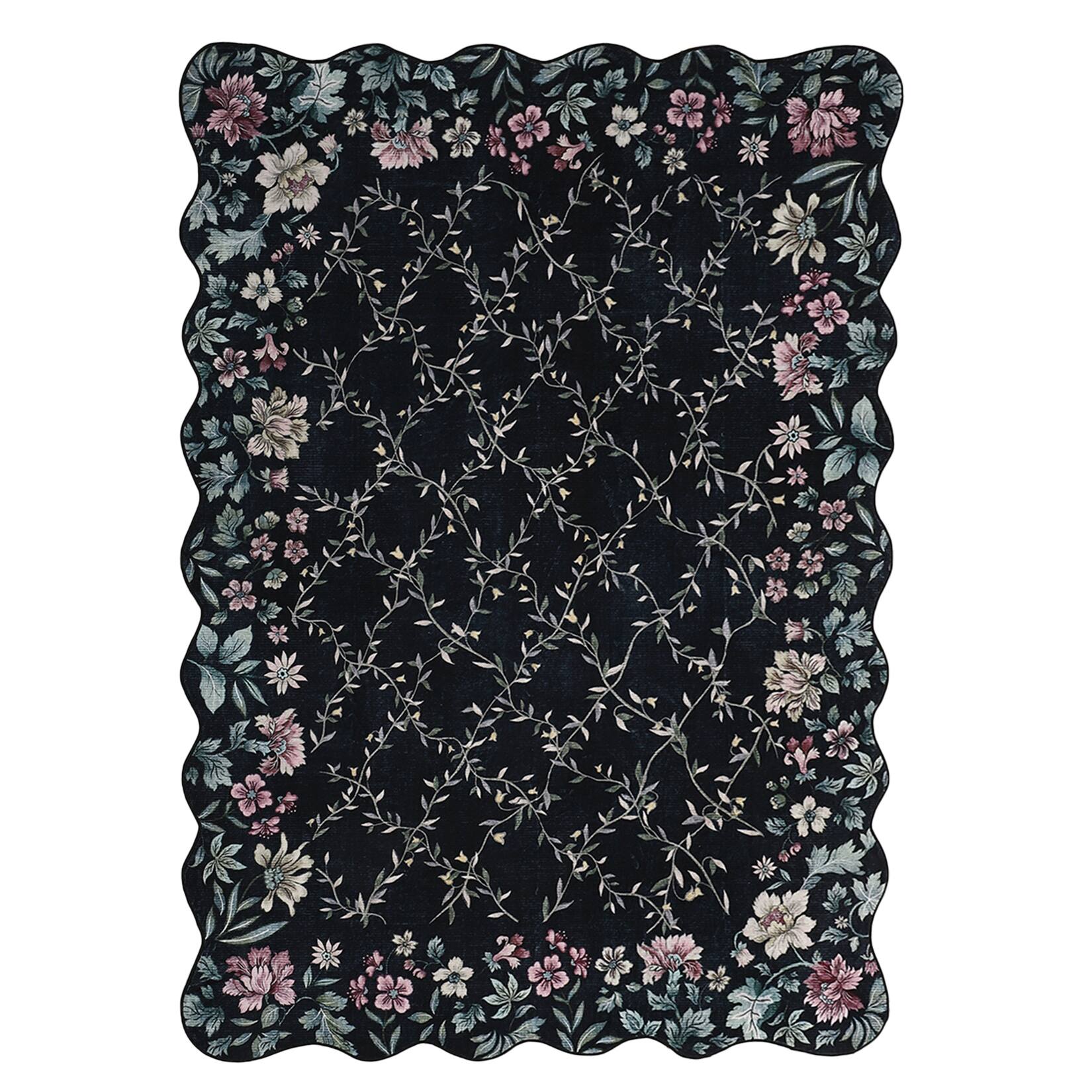 Acekool - Floral Irregular Edge 5'X7' Carpet Indoor Non Slip Washable Boho Vintage Entry Rug Low Pile Throw Rugs for Entryway - Black