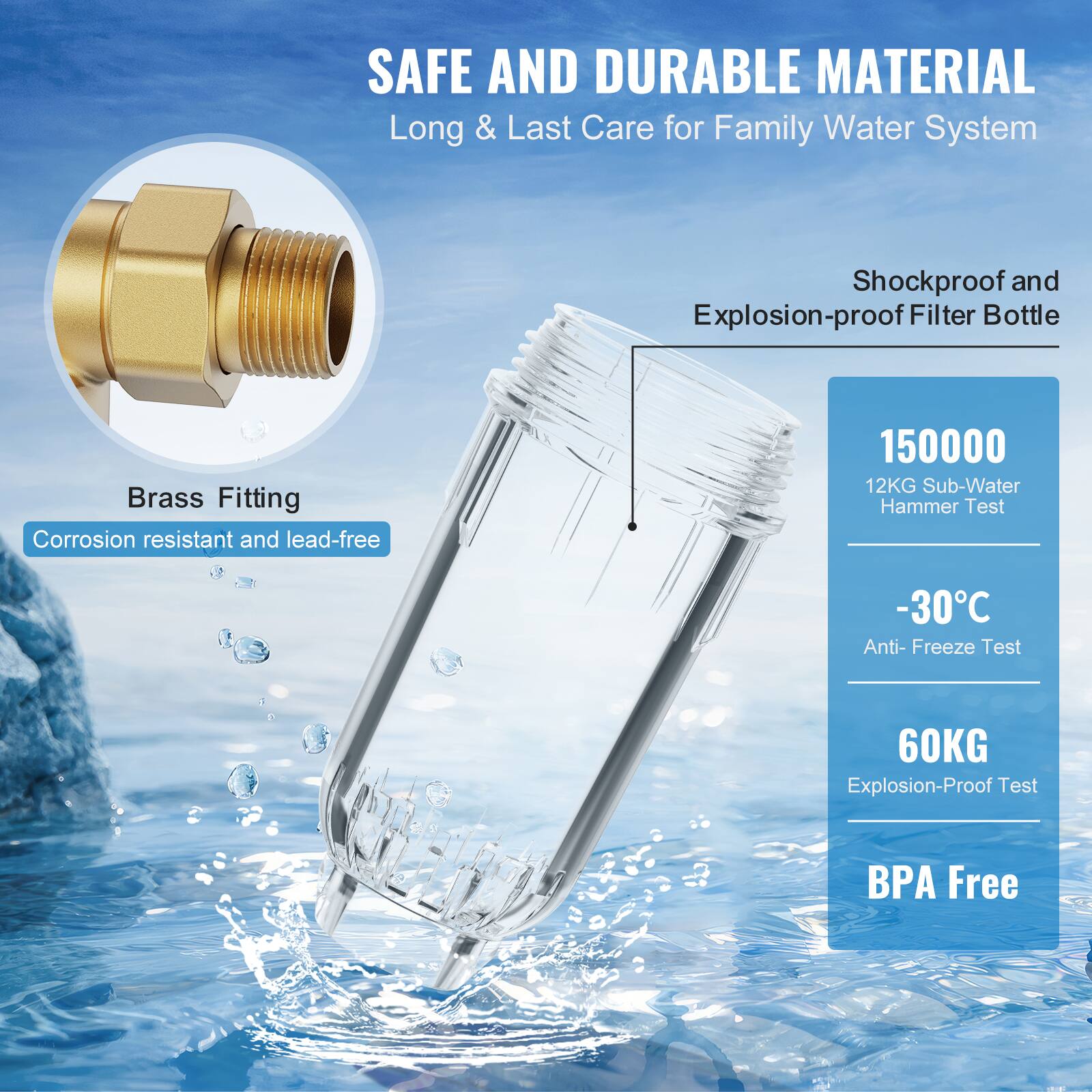 SAFE AND DURABLE MATERIAL  
Long & Last Care for Family Water System  

Brass Fitting  
Corrosion resistant and lead-free  

Shockproof and Explosion-proof Filter Bottle  

150000  
12KG Sub-Water Hammer Test  

-30°C  
Anti-Freeze Test  

60KG  
Explosion-Proof Test  

BPA Free