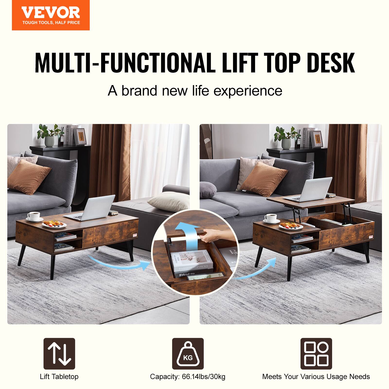 VEVOR TOUGH TOOLS. HALF PRICE MULTI-FUNCTIONAL LIFT TOP DESK A brand new life experience. Lift Tabletop Capacity: 66.14lbs/30kg Meets Your Various Usage Needs.