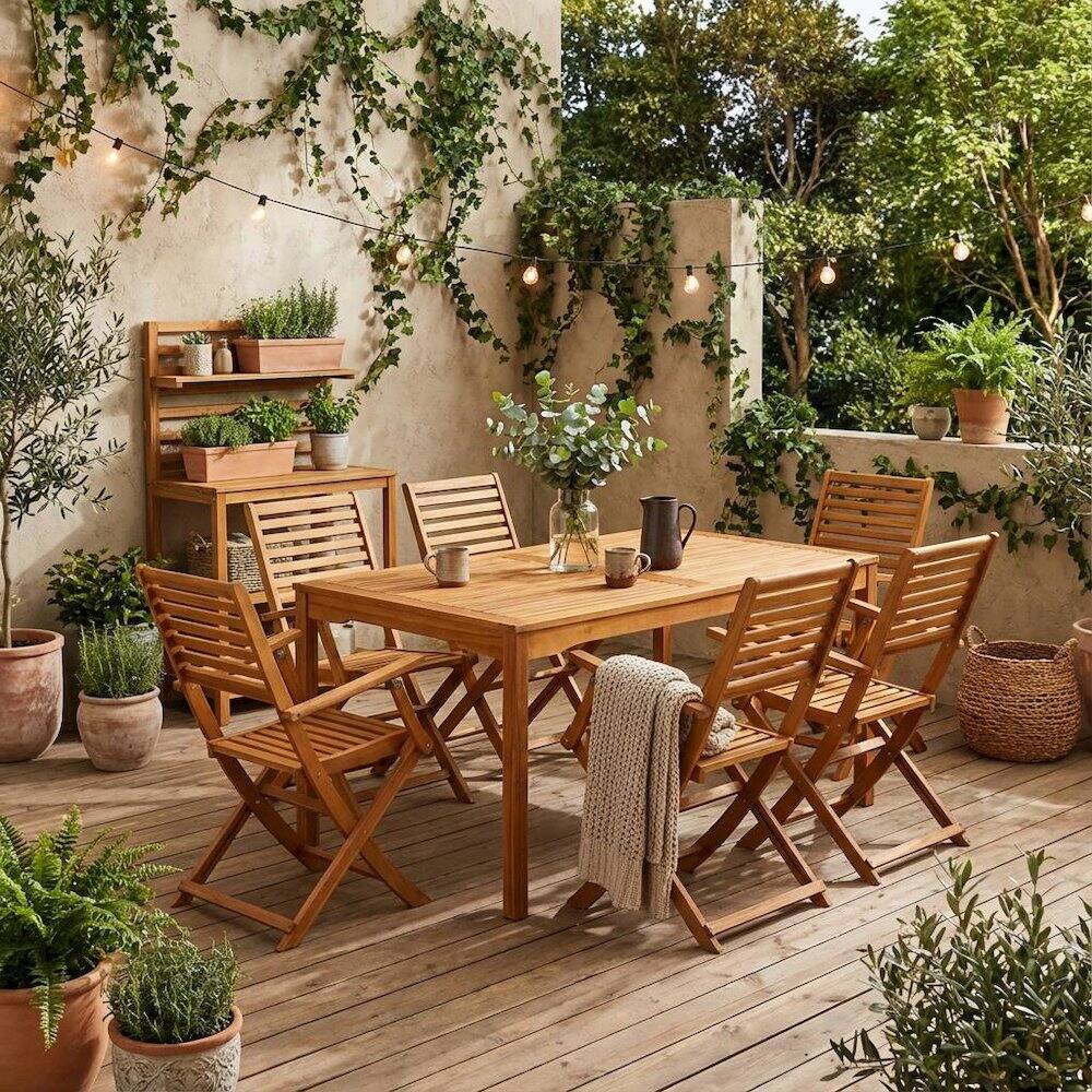 Alt View 2. Outdoor Escape - Oil-Finished Wooden Patio Set with Dining Table and 6 Chairs - Brown.