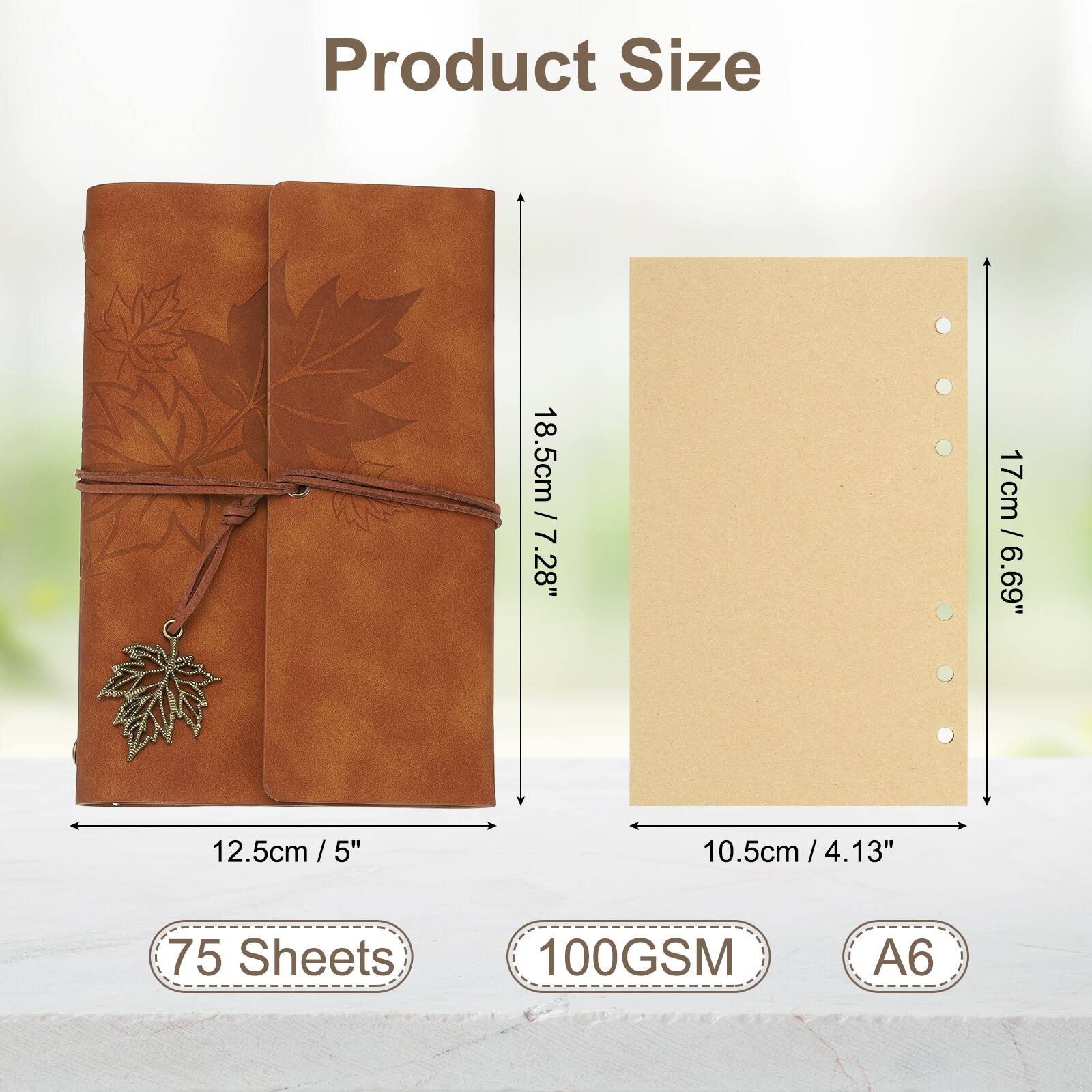 Product Size

18.5cm / 7.28"  
17cm / 6.69"  
12.5cm / 5"  
10.5cm / 4.13"  

75 Sheets  
100GSM  
A6