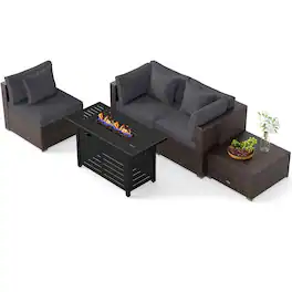 Costway - 5 PCS Patio Furniture Set Heavy-duty Frame Rattan Sofa Set with 60,000 BTU Firepit Table - Gray