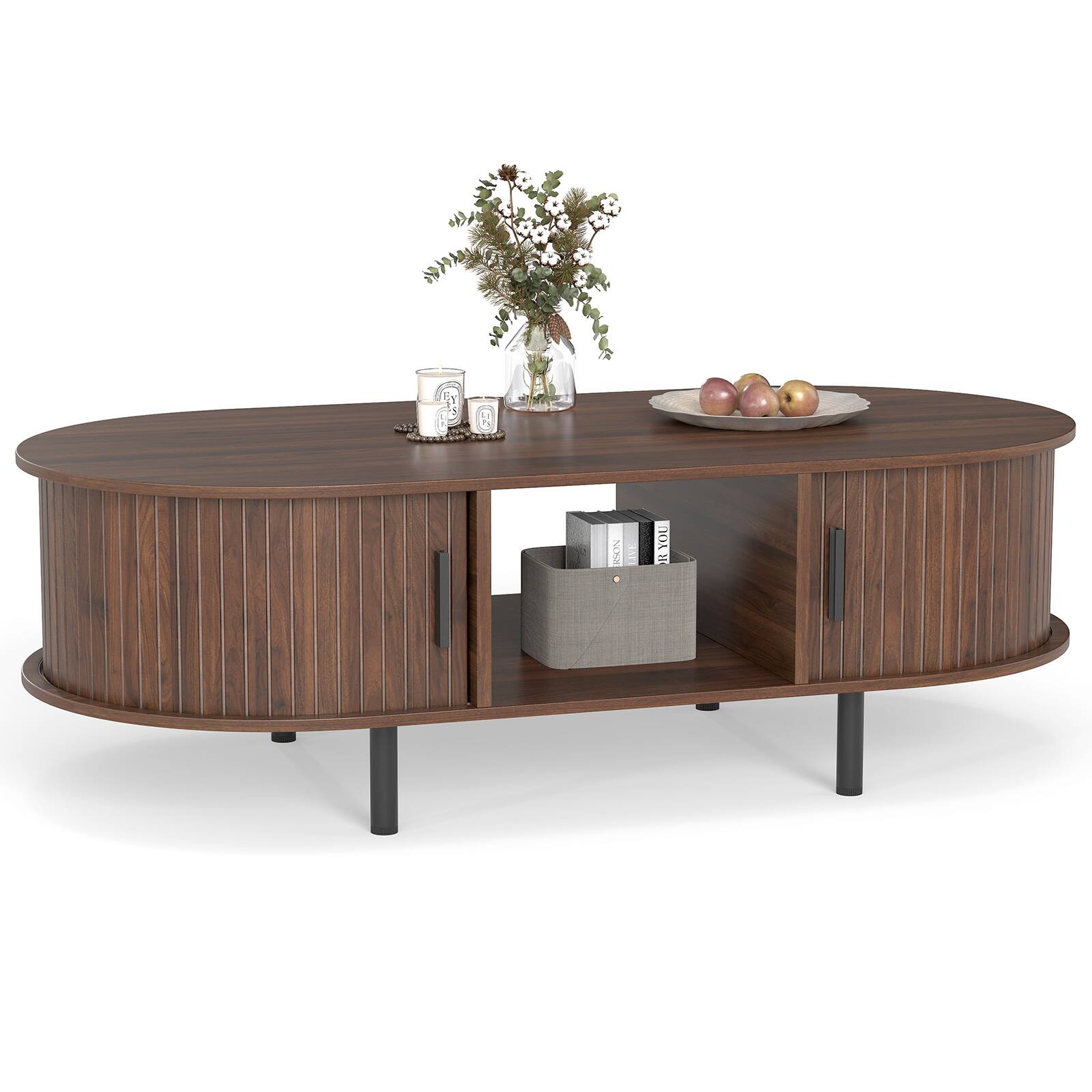 Back. SlickBlue - Mid Century Modern Center Table with Sliding Fluted Doors & Open Storage Compartment - Walnut.