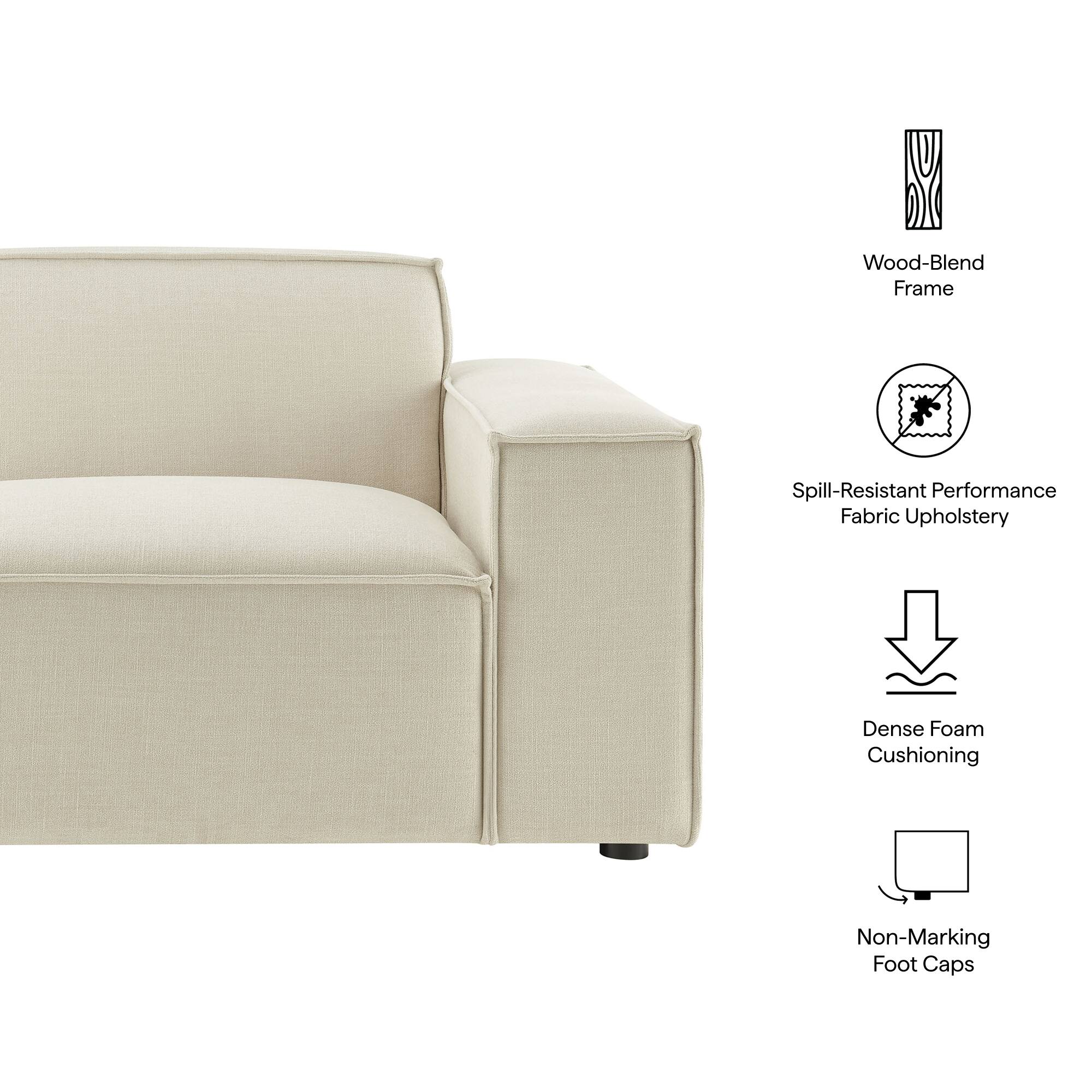 Wood-Blend Frame  
Spill-Resistant Performance Fabric Upholstery  
Dense Foam Cushioning  
Non-Marking Foot Caps