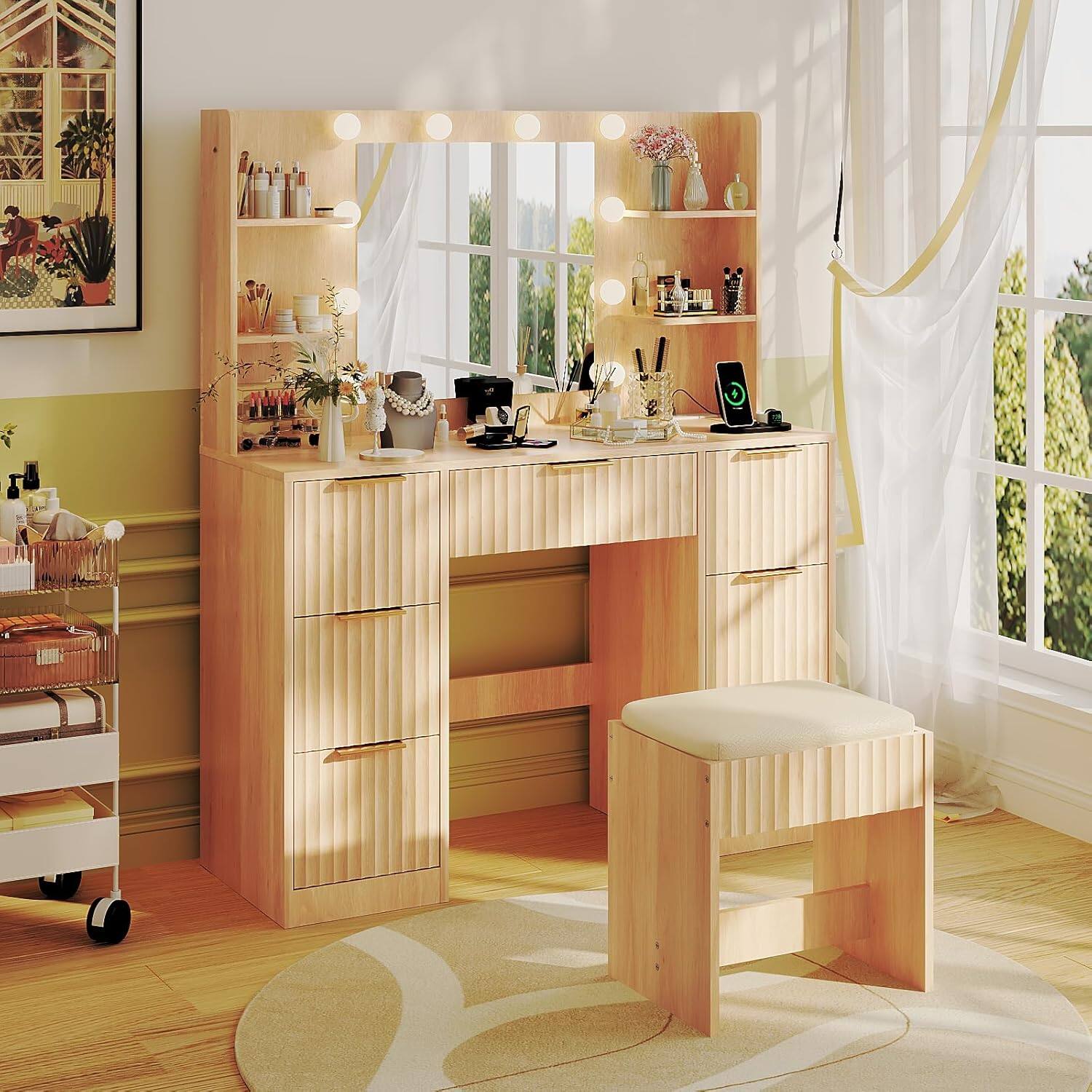 Alt View 5. Winado - Fluted Makeup Vanity Set with Lighted Mirror & Charging Station, Dressing Table w/ 7 Drawers for Femal Gift - Oak.