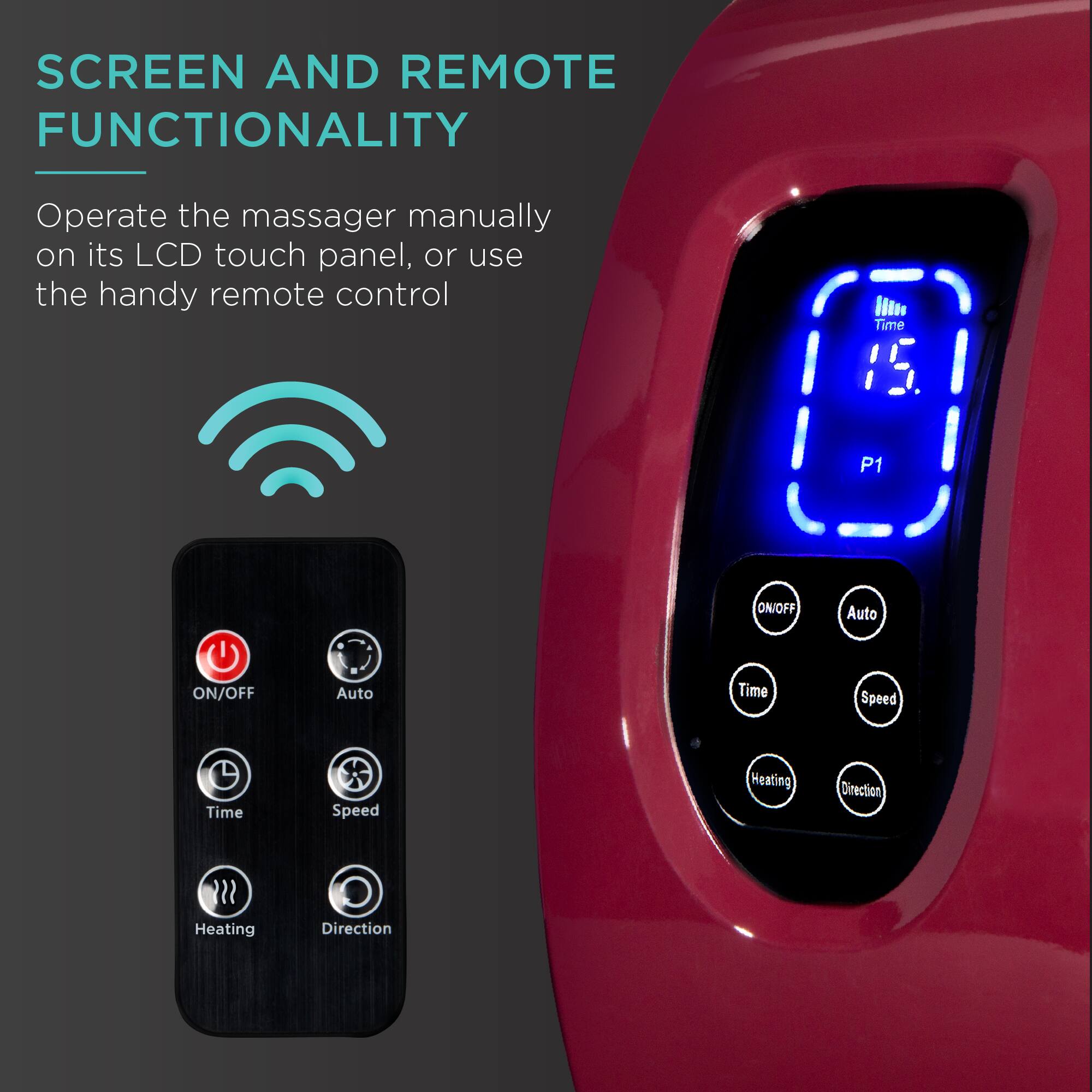 SCREEN AND REMOTE FUNCTIONALITY

Operate the massager manually on its LCD touch panel, or use the handy remote control.

- ON/OFF
- Auto
- Time
- Speed
- Heating
- Direction