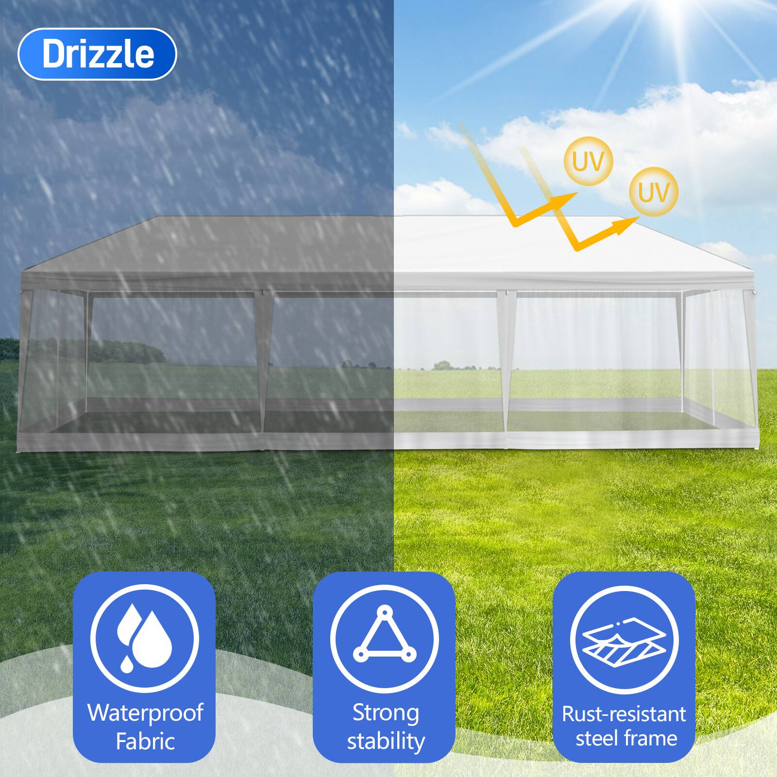 - Drizzle
- UV UV
- Waterproof Fabric
- Strong stability
- Rust-resistant steel frame