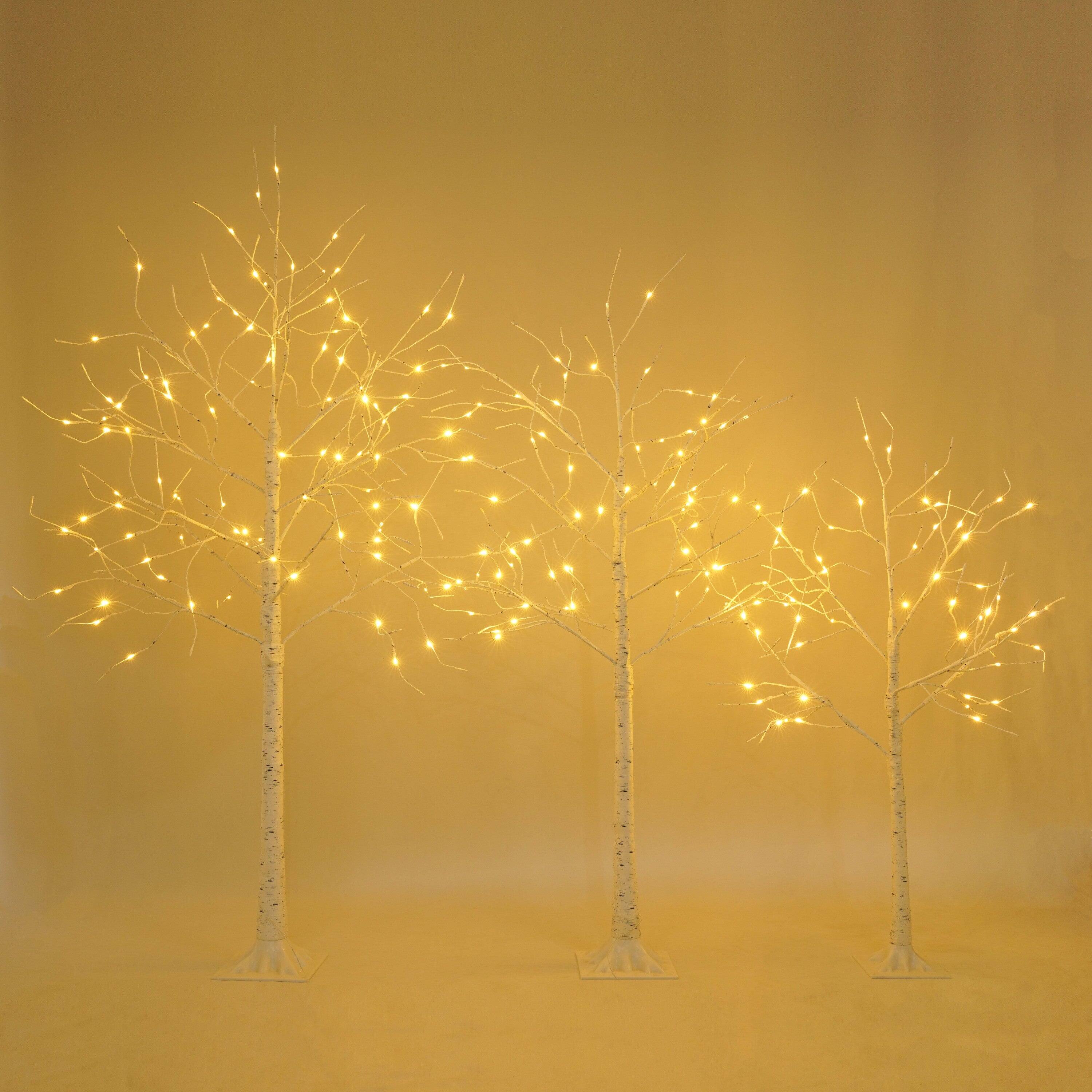 Alt View 5. Hivvago - Set of Lighted Birch Tree, 4FT 48 LED/5FT 72 LED/6FT 96 LED Artificial Tree with Warm White Lights - White.