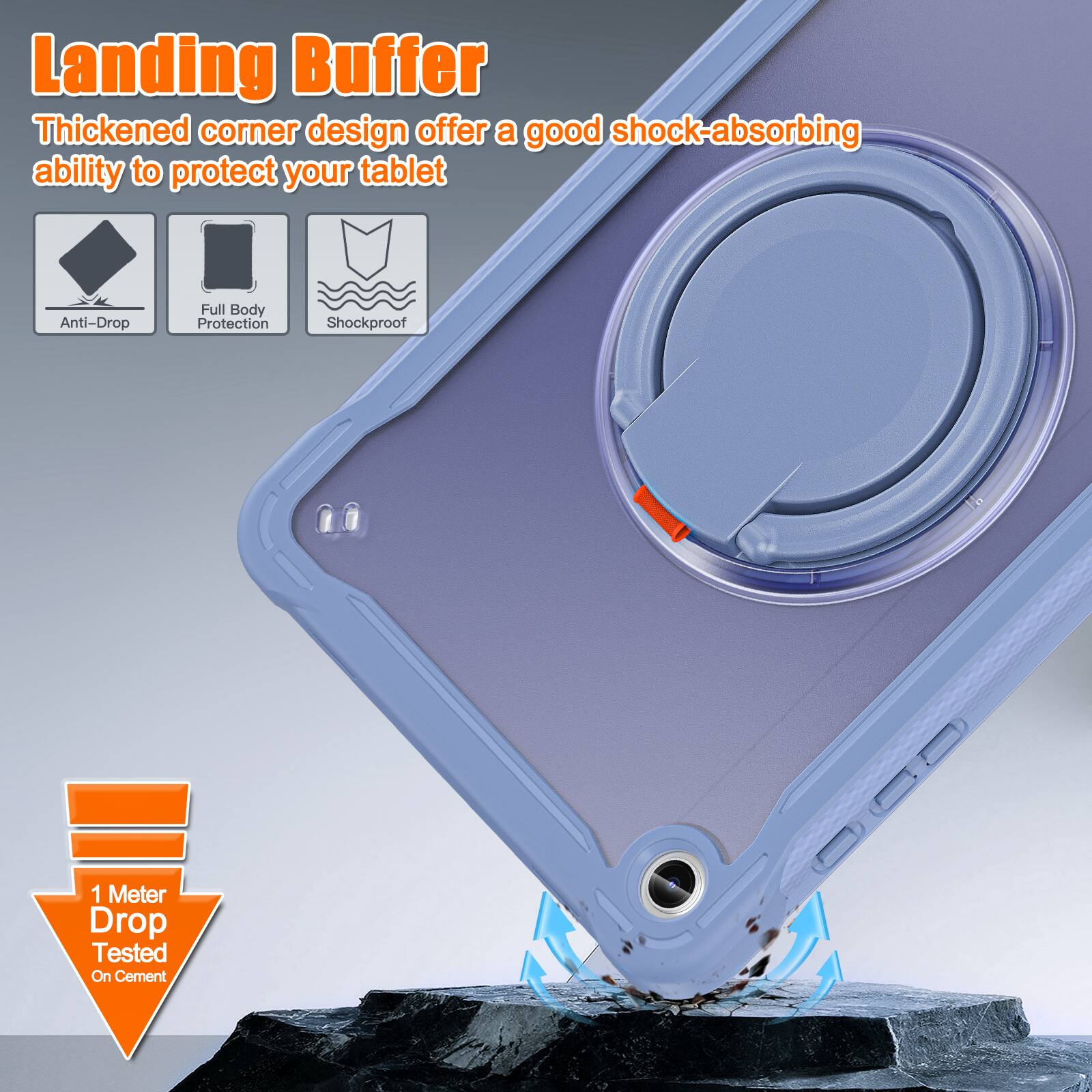 Landing Buffer  
Thickened corner design offers a good shock-absorbing ability to protect your tablet  

Anti-Drop  
Full Body Protection  
Shockproof  

1 Meter Drop Tested On Cement