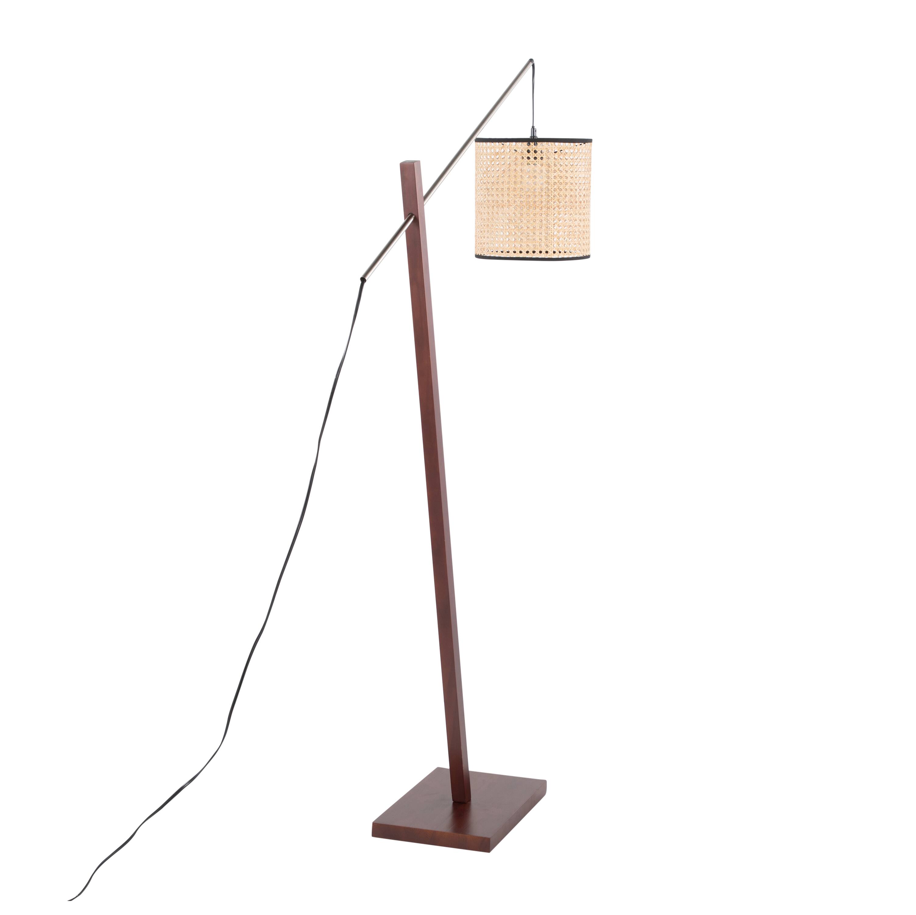 Back. Loheer - Loheer Contemporary Floor Lamp Walnut Wood Satin Nickel Rattan Shade 60 Inch Tall Modern Standing Lamp for Living Room - Walnut.