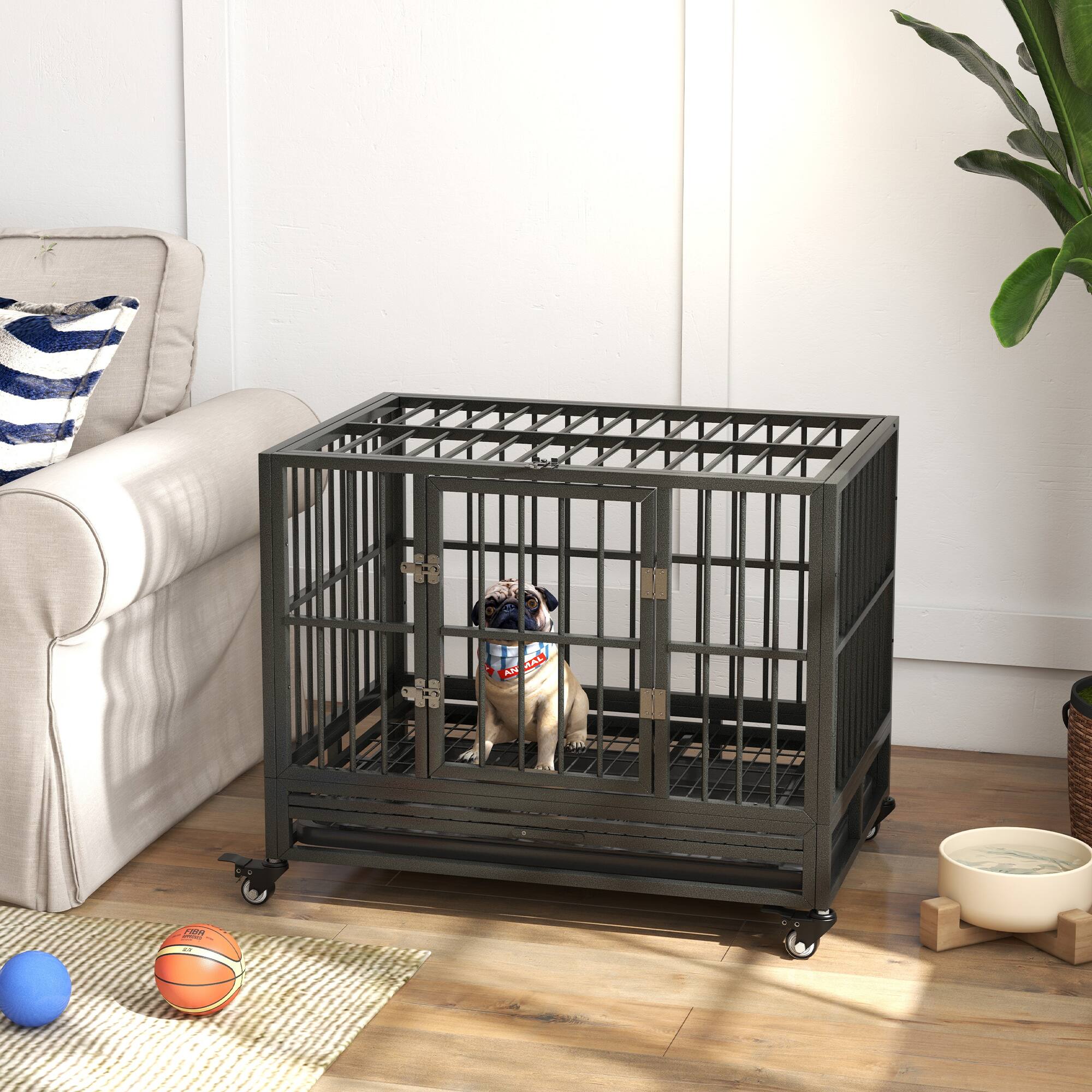 Alt View 4. Siljoy - Heavy Duty Metal Dog Crate with Lockable Wheels, Double Door & Removable Tray for Dogs up to 44 lbs.