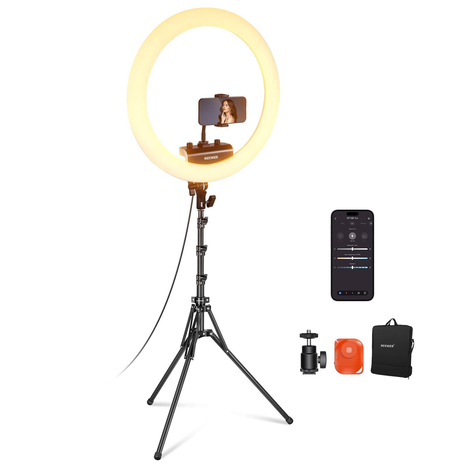 Neewer - 18" Ultra-Thin Ring Light, TLCI98, App Control, Tripod & Holder