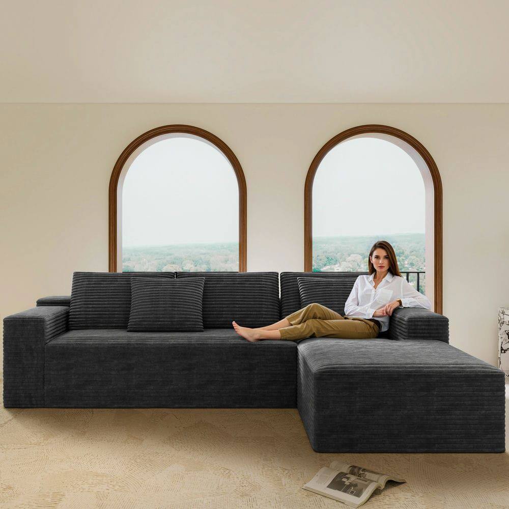 Front. Kadyn - 104" Right Chaise Sectional Sofa, L-Shaped Cloud Design with Deep Seating and No Assembly, Grey - Gray.