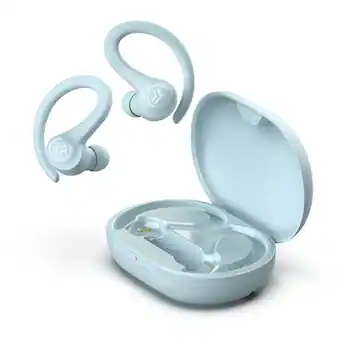 JLab Go Air Sport right earbud solid white light left earbud blinking blue white