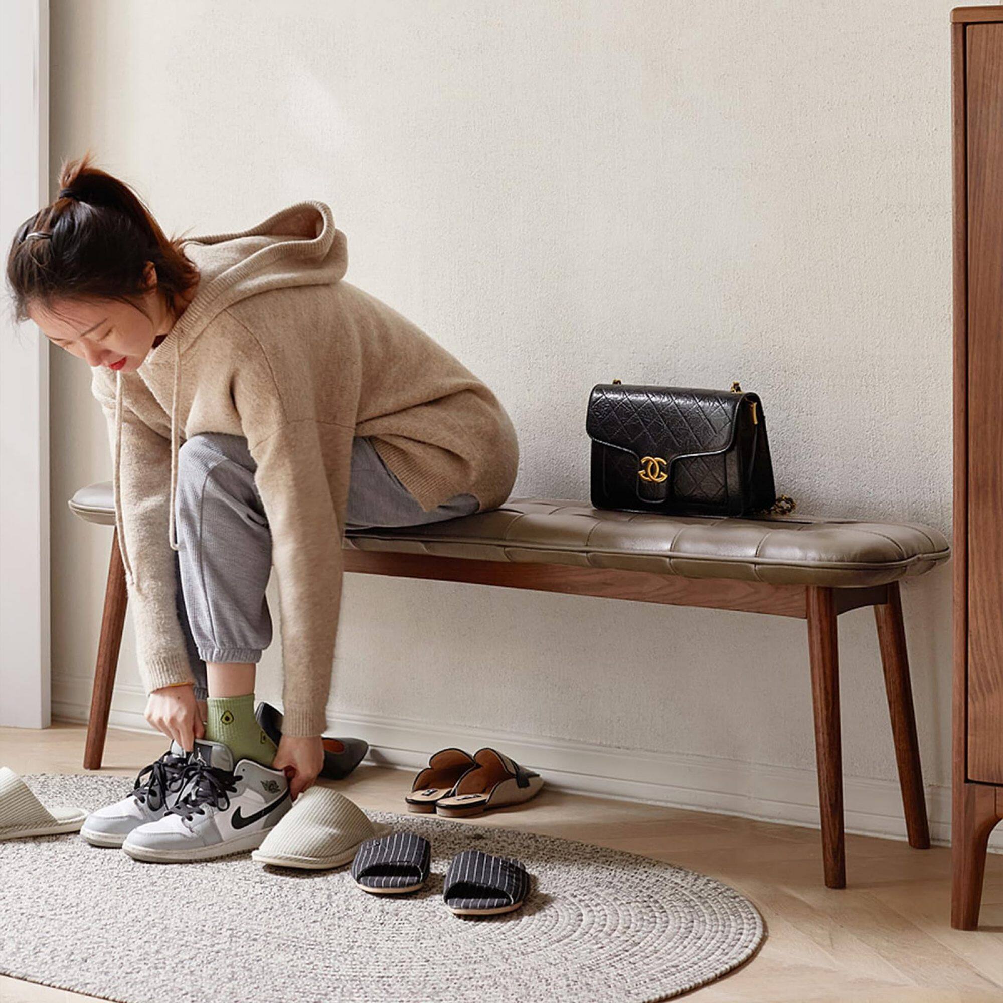 Angle. GOODSILO - Natural Oak Wood Dining Bench with Leather Cushion for Living Room and Dining Area - Brown.