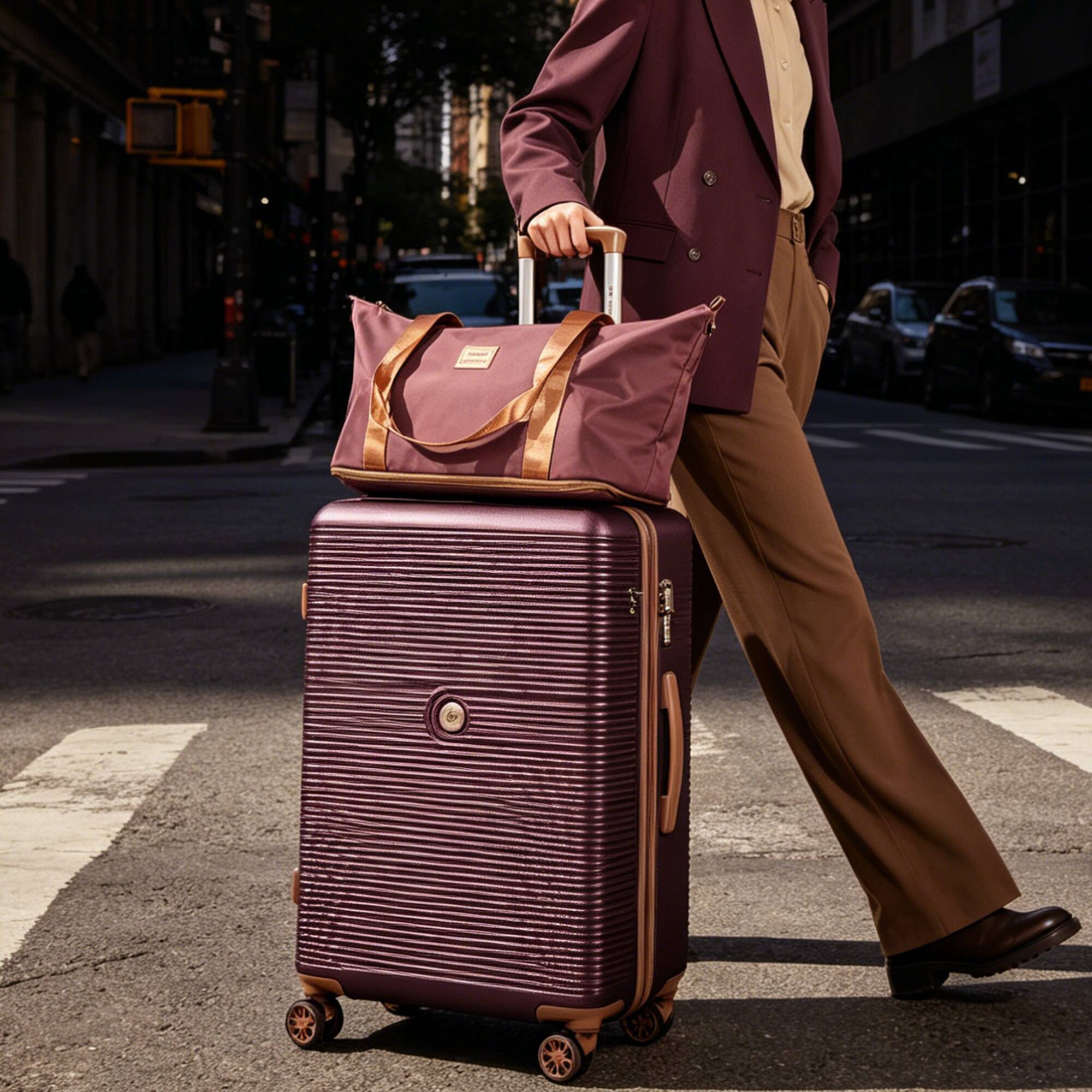 Back. Travelhouse - 6‑Piece Hardshell Luggage Set, Striped Lightweight Suitcases with TSA Lock, 360°Spinner Wheels, Duffle & Toiletry Bags - Wine Red.