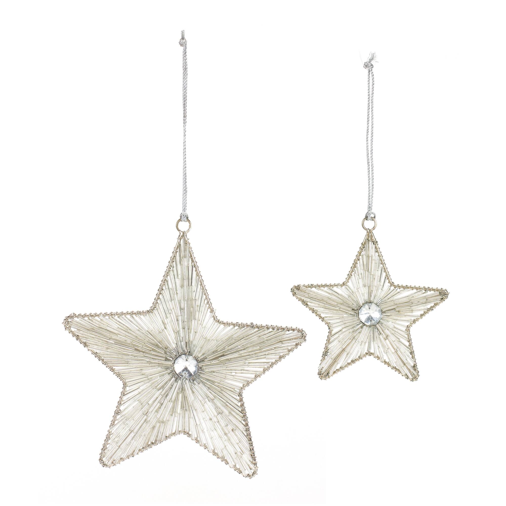 Angle. BreeBe - Silver Beaded Metal Star Ornament (Set of 12) - Silver.